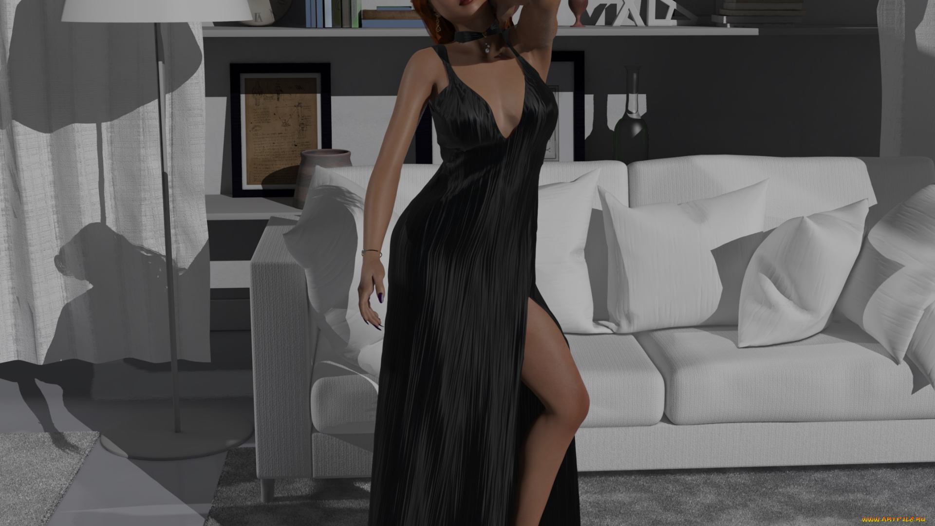 3д, графика, люди, , people, полки, светильник, подушки, диван, комната, девушка, рыжая, фон, взгляд