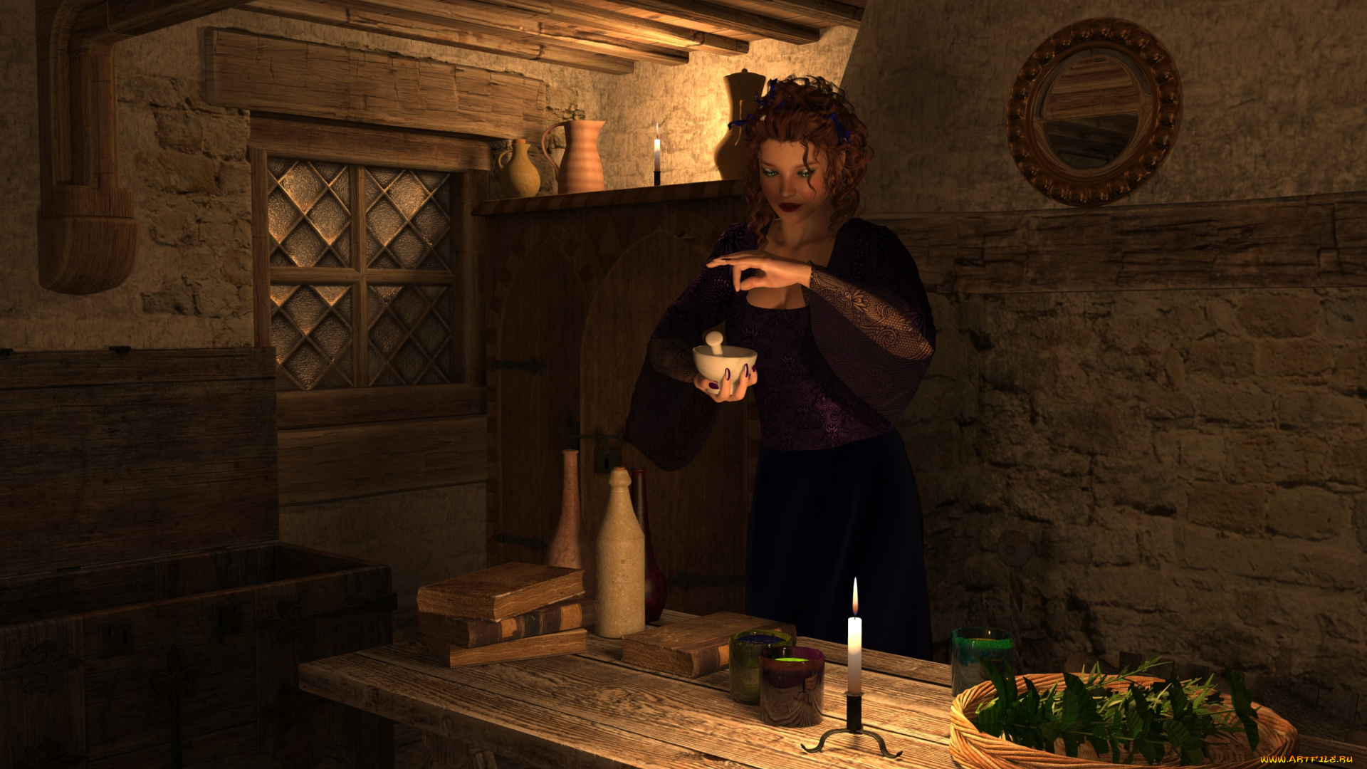 3д, графика, люди, , people, зелье, свечи, стол, взгляд, девушка, фон, комната
