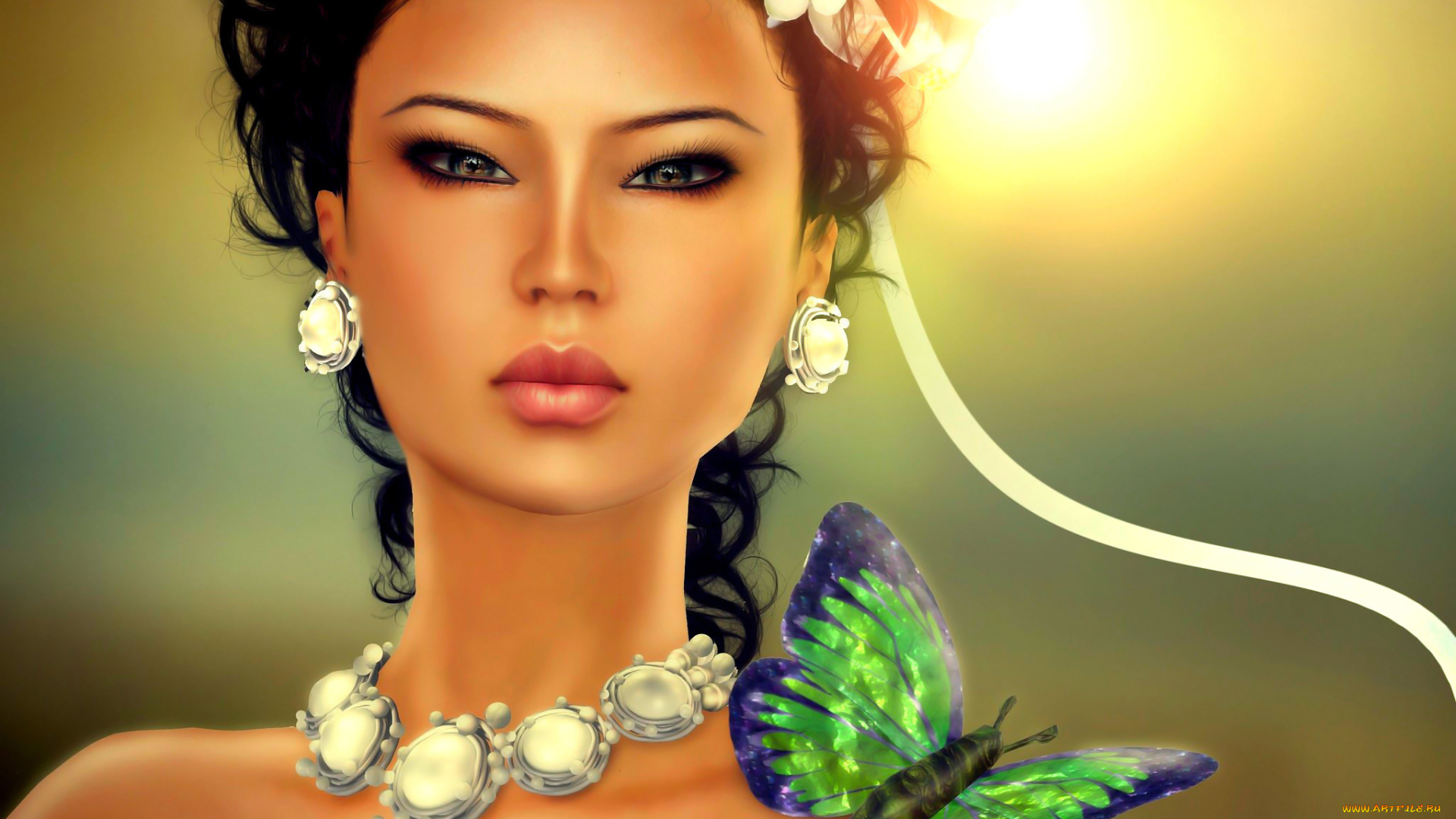 3д, графика, портрет, , portraits, девушка, лицо, взгляд, бабочка, ожерелье, лента