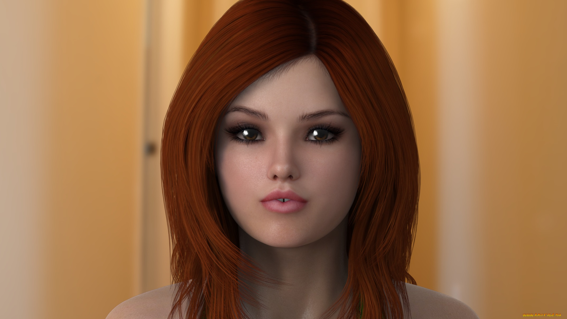 3д, графика, портрет, , portraits, рыжая, фон, взгляд, девушка