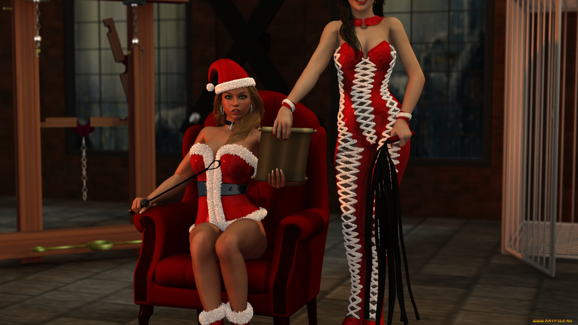 3д, графика, праздники, , holidays, улыбки, кресло, шляпы, девушки, взгляд, фон