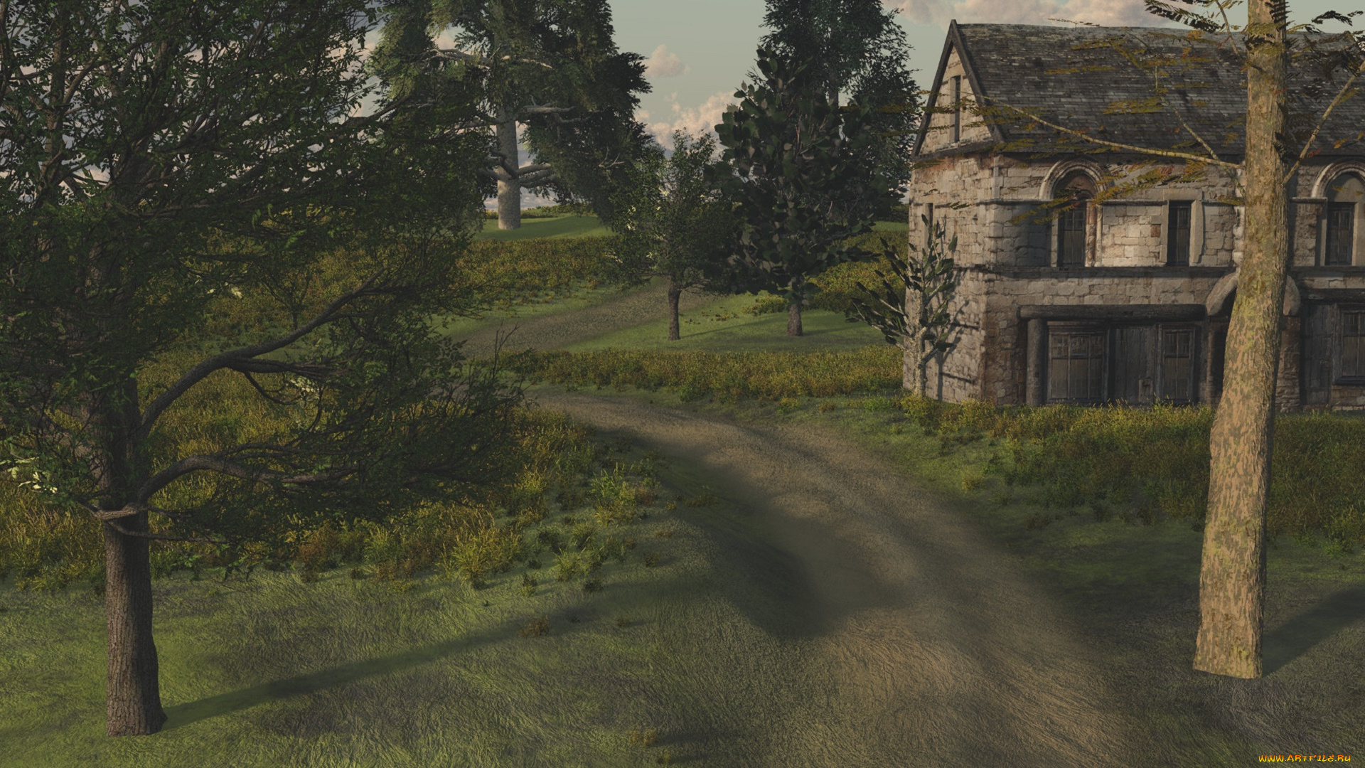 3д, графика, природа, , nature, дорога, природа, деревья, дом