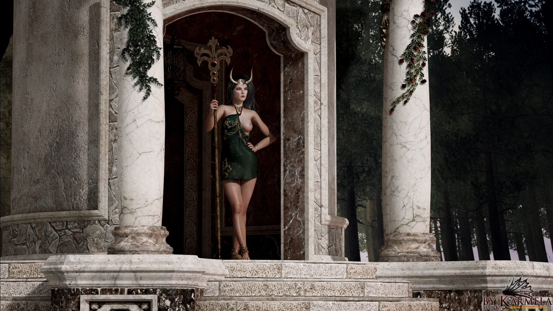 3д, графика, существа, , creatures, замок, лестница, шест, кастаника, взгляд, фон