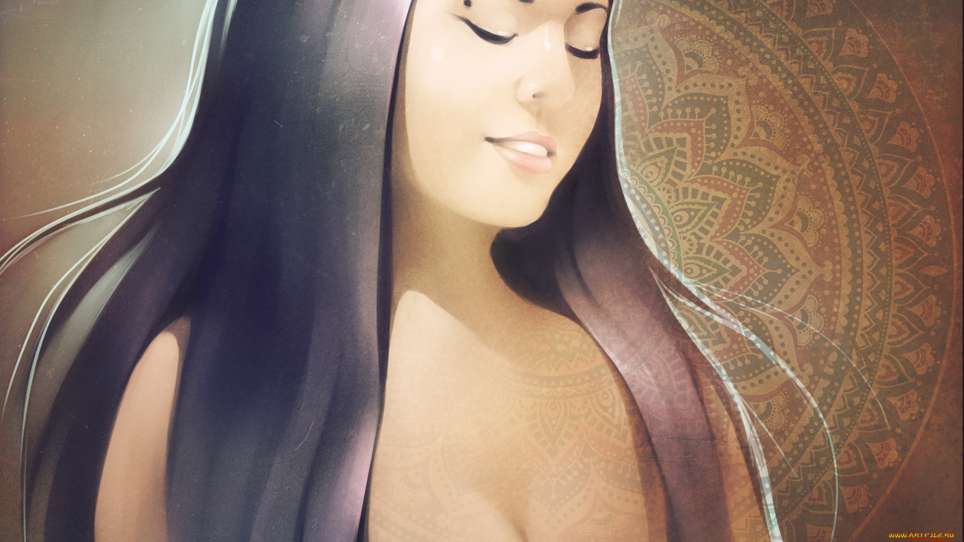 gaudibuendia, рисованное, люди, девушка, азиатка, брюнетка, улыбка, портрет