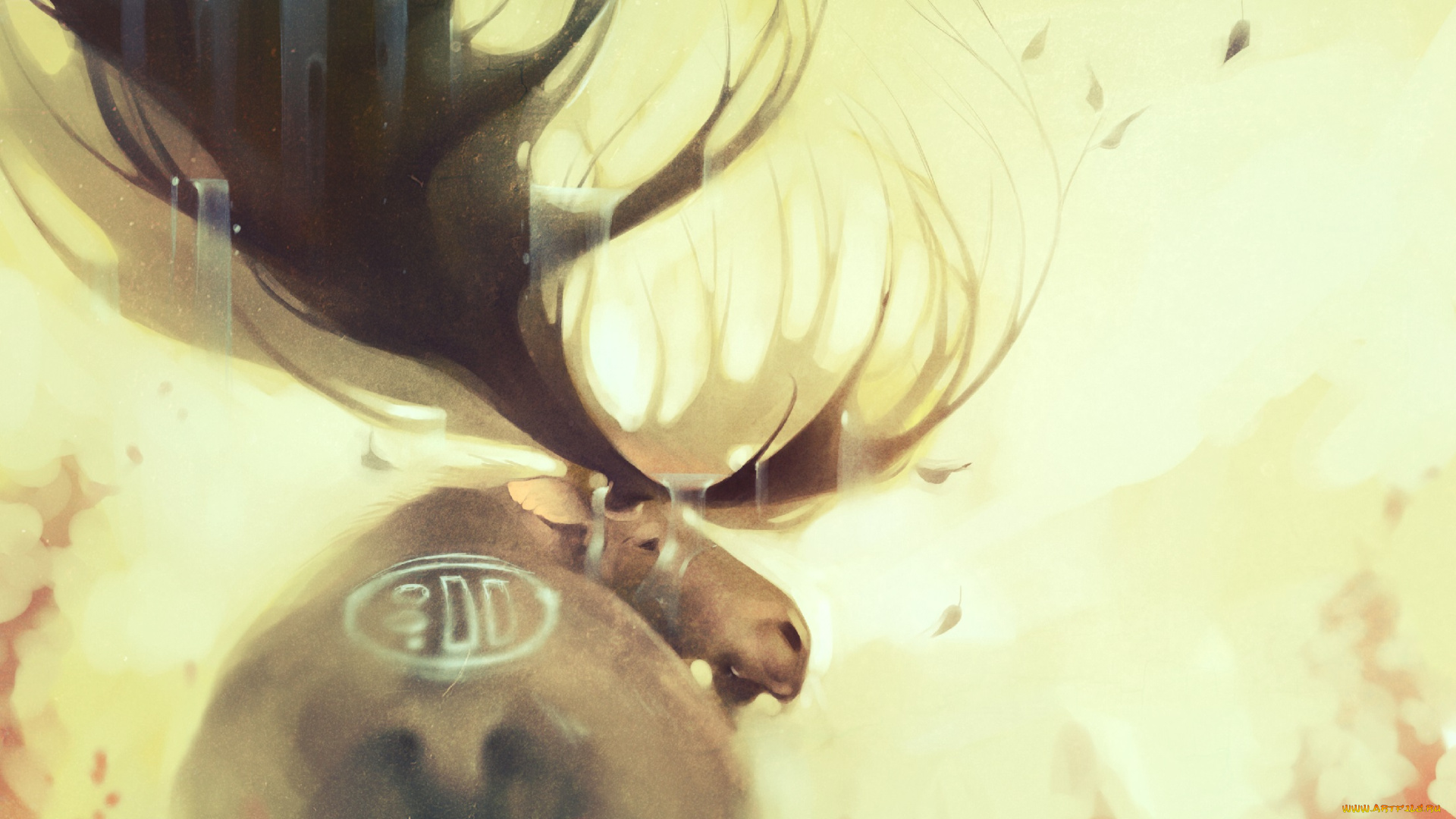 gaudibuendia, рисованное, животные, , лоси, олень, животное, рога, вода, водопады