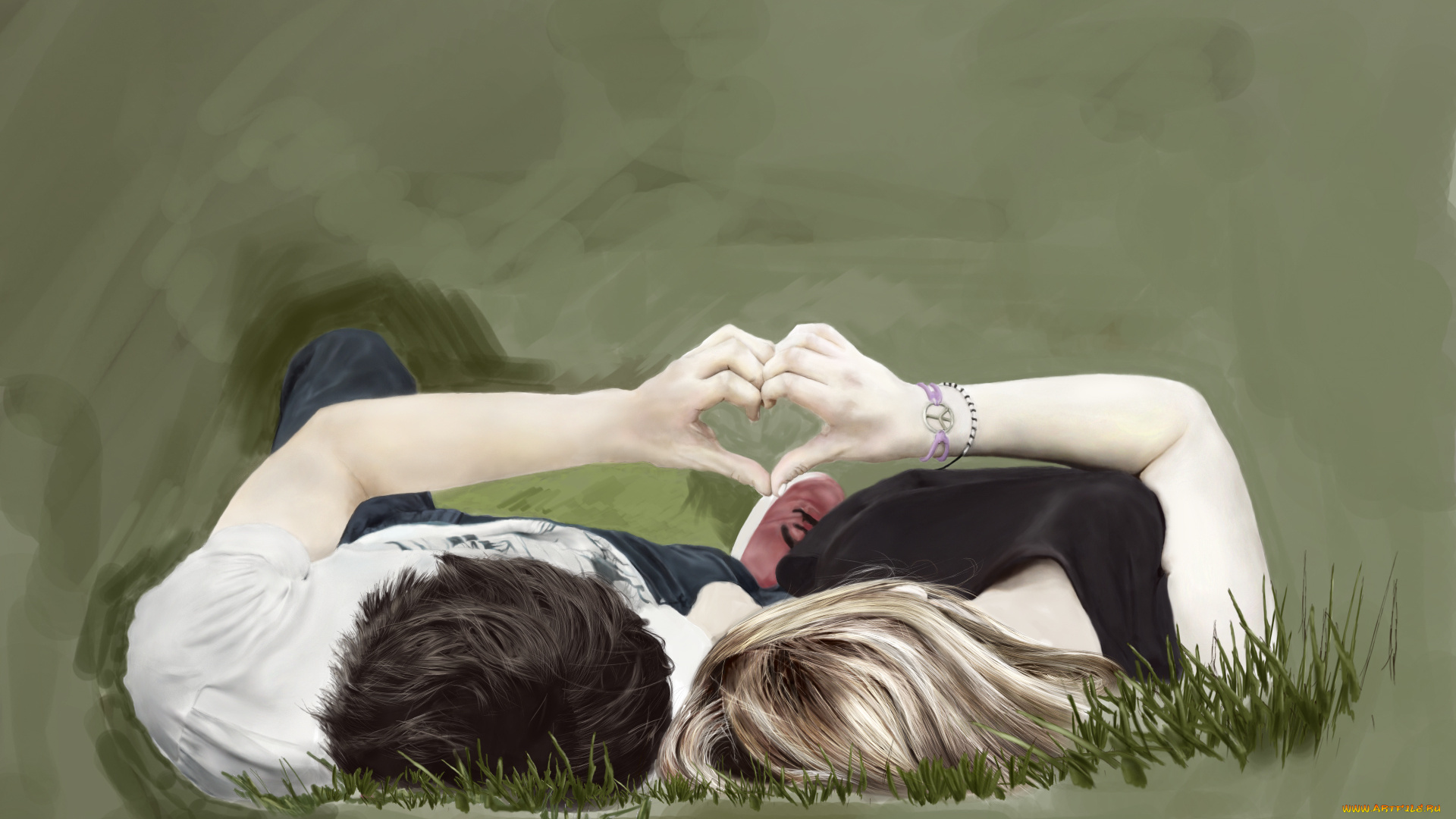 рисованное, люди, сердце, руки, лежат, парень, девушка, пара, любовь, трава