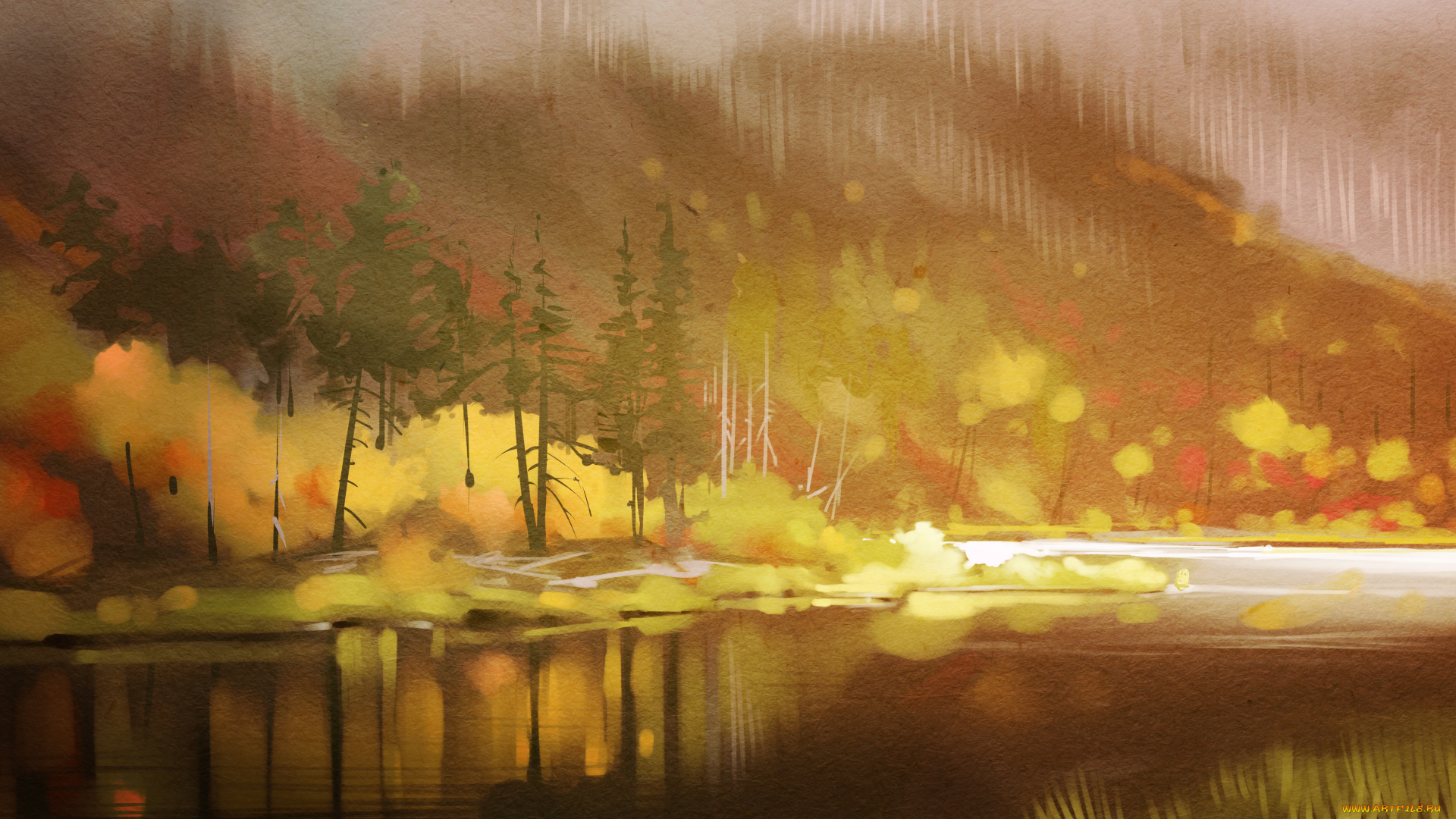 рисованное, природа, деревья, лес, рисунок