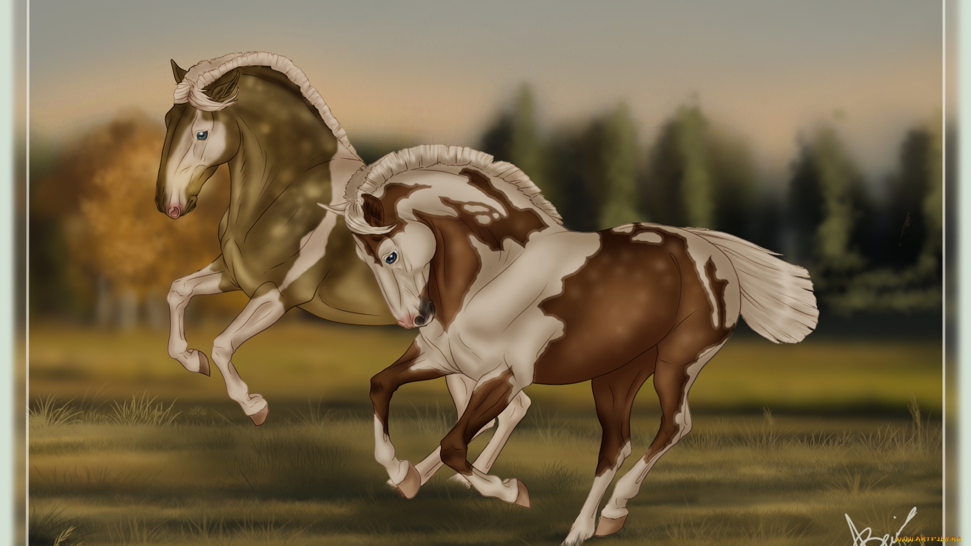 рисованное, животные, , лошади, лошади, бег