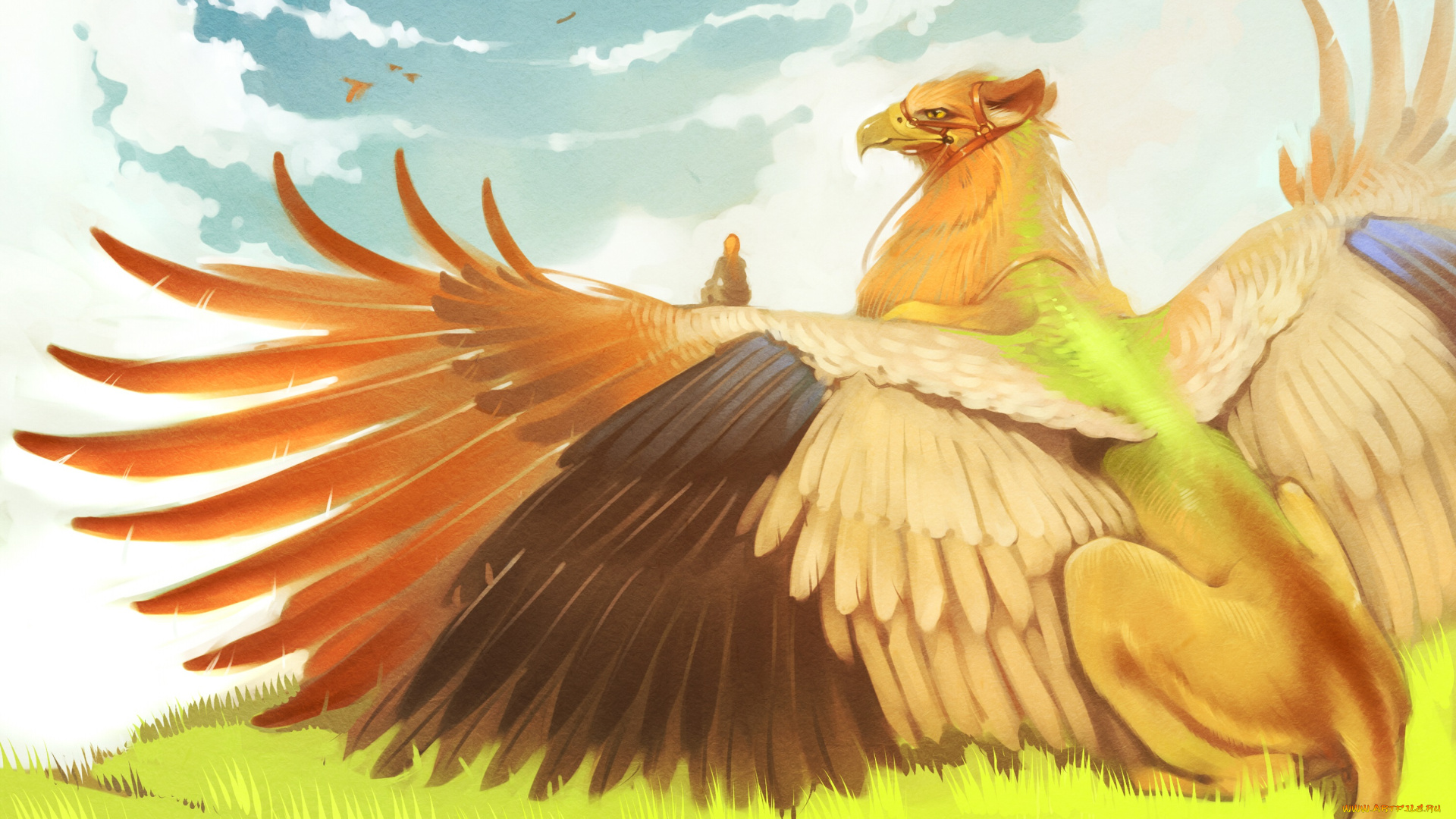 рисованное, животные, , сказочные, , мифические, крылья, зверь, сказочный, облака, небо, клюв