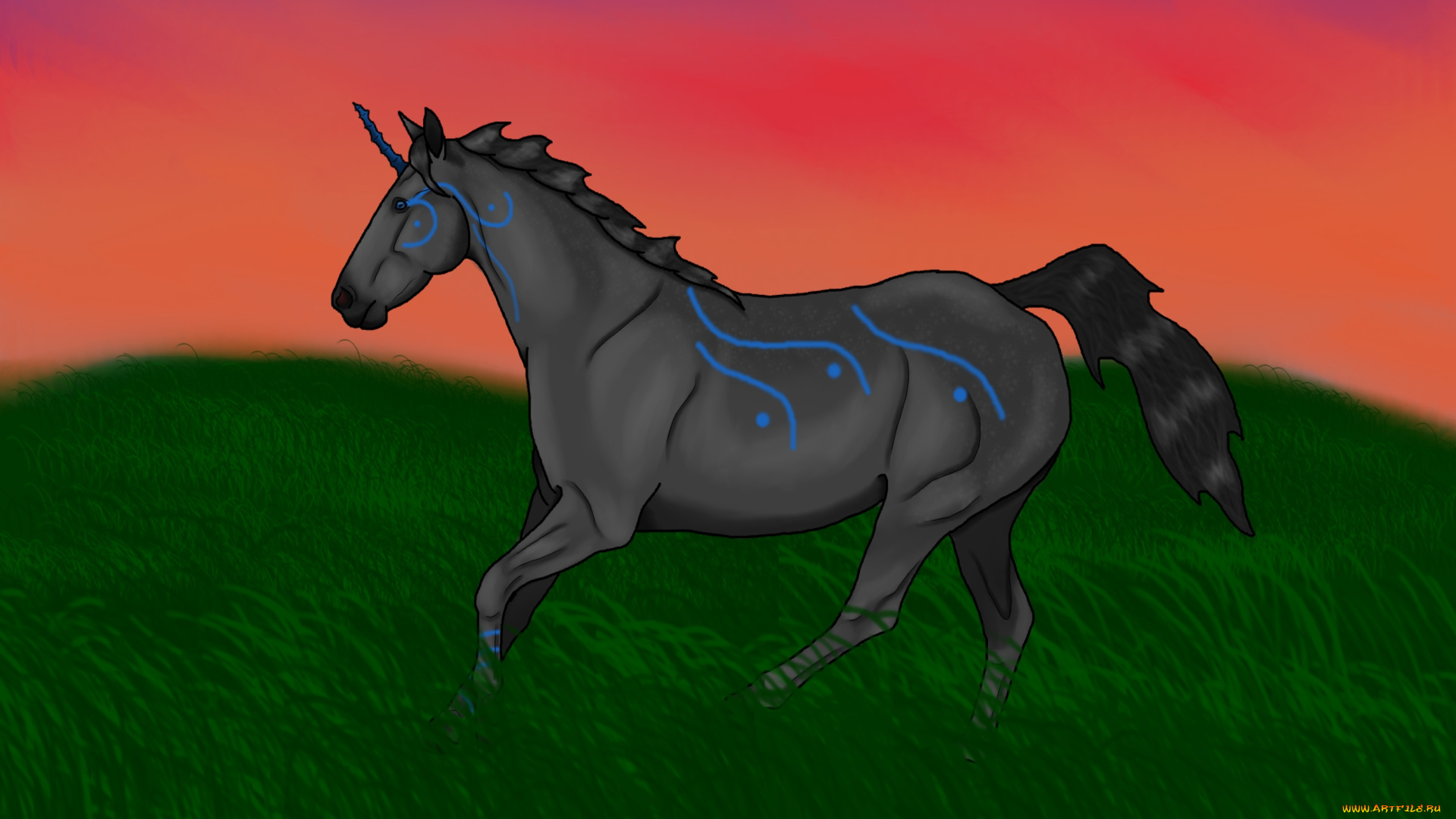 рисованное, животные, , сказочные, , мифические, ночь, лошадь