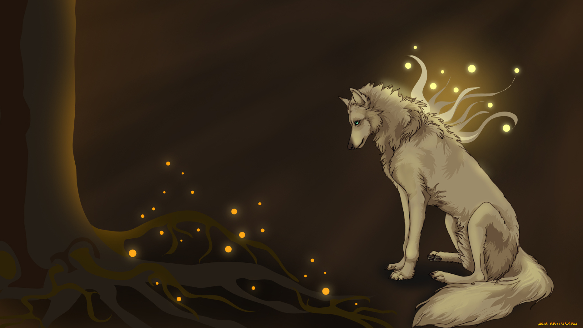 рисованное, животные, , волки, корни, дерево, волк