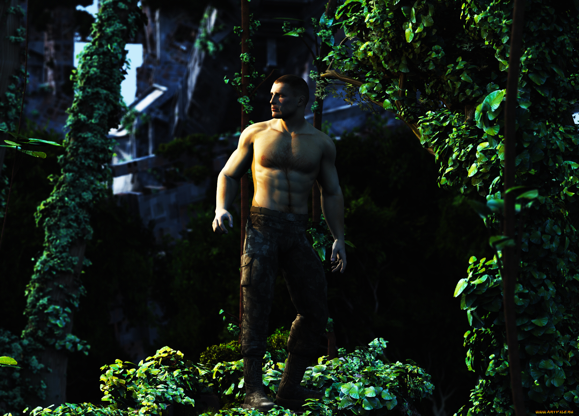 3д, графика, люди, , people, растения, джунгли, мужчина