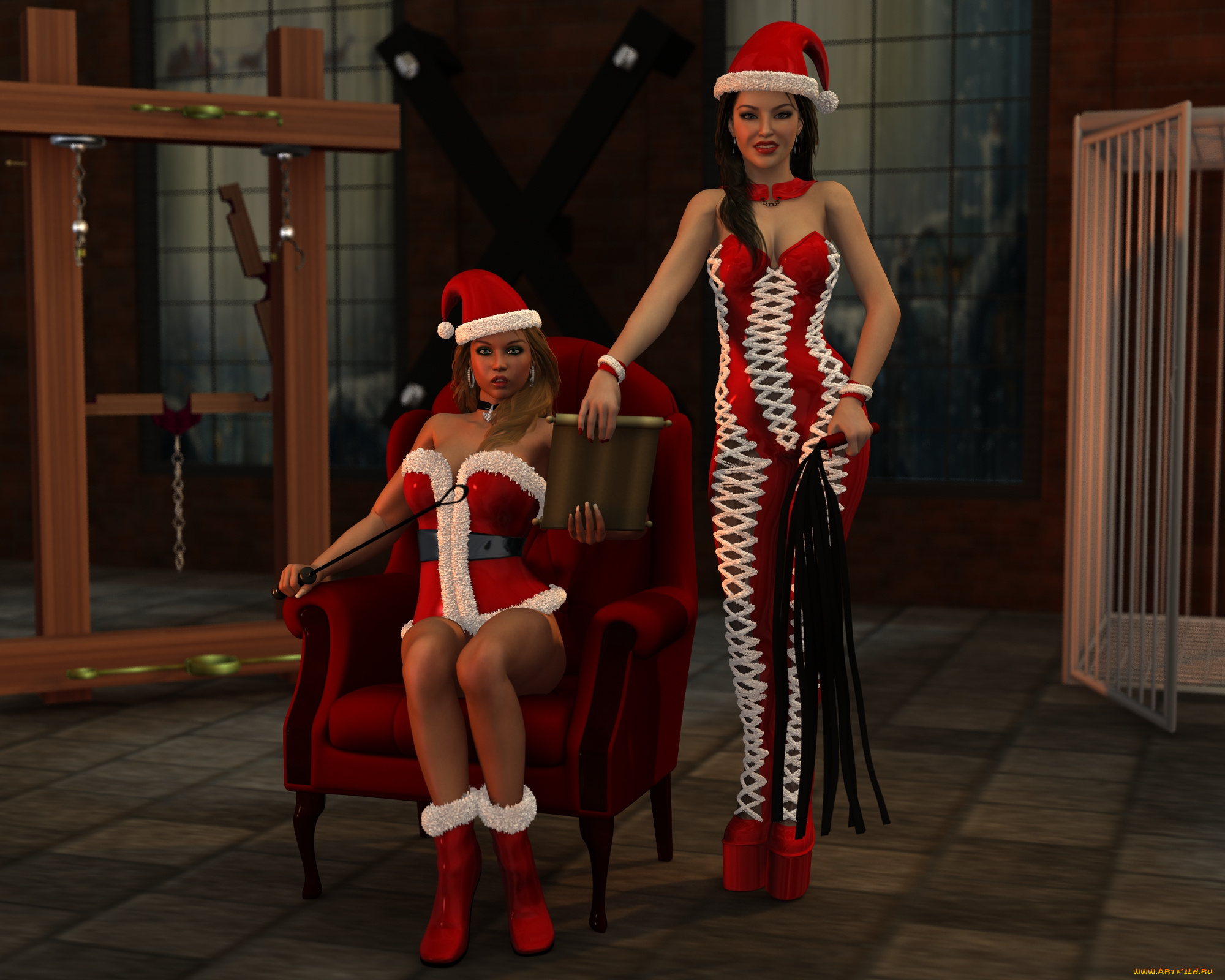 3д, графика, праздники, , holidays, улыбки, кресло, шляпы, девушки, взгляд, фон