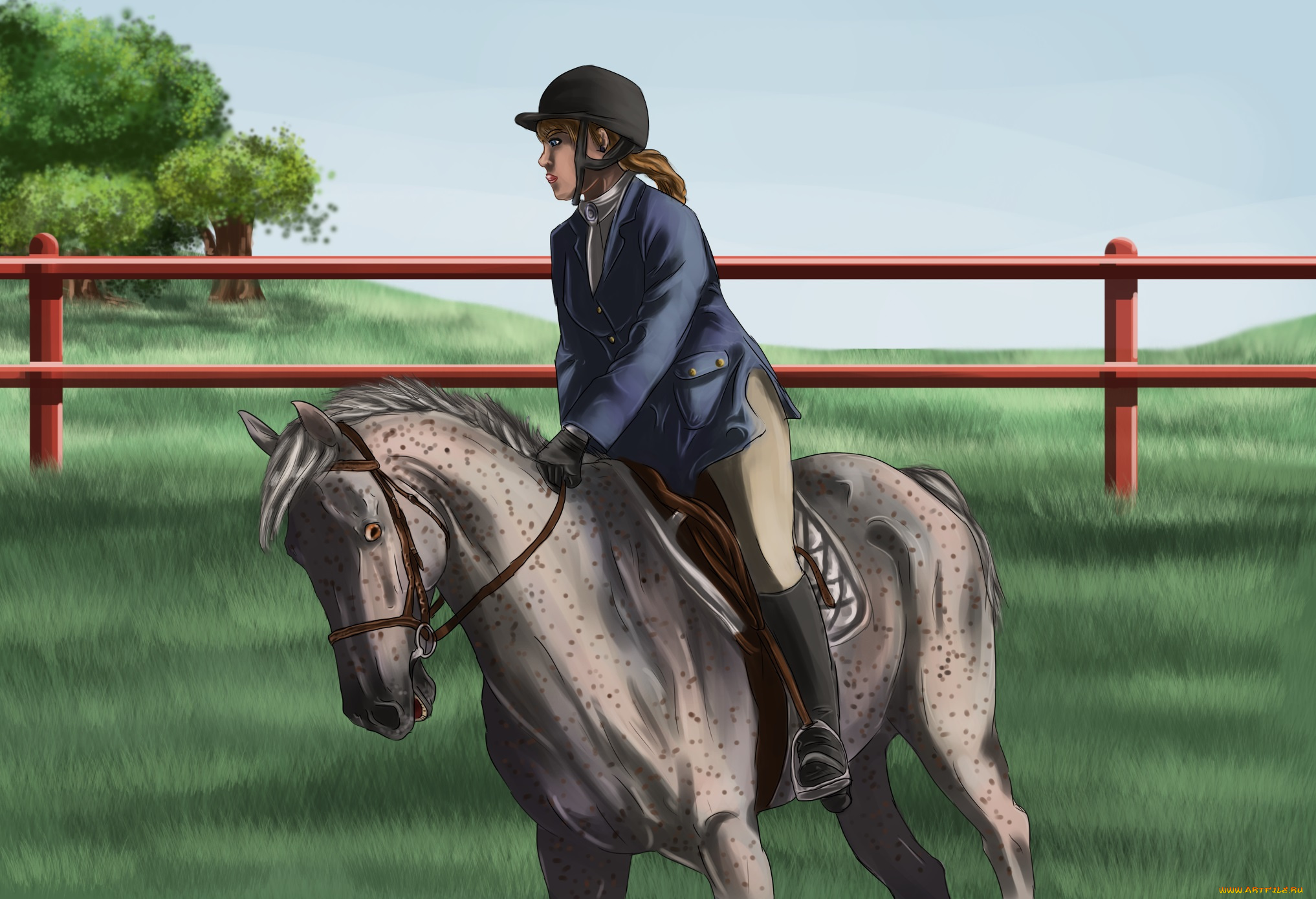 рисованное, животные, , лошади, всадник, лошадь