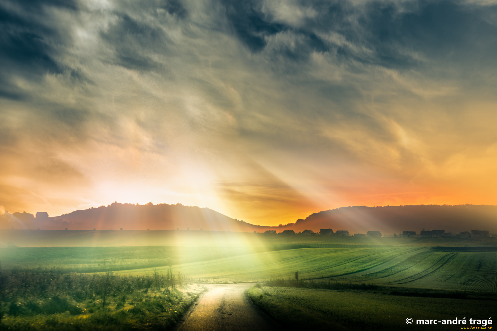 природа, восходы, закаты, лучи, поле, дорога