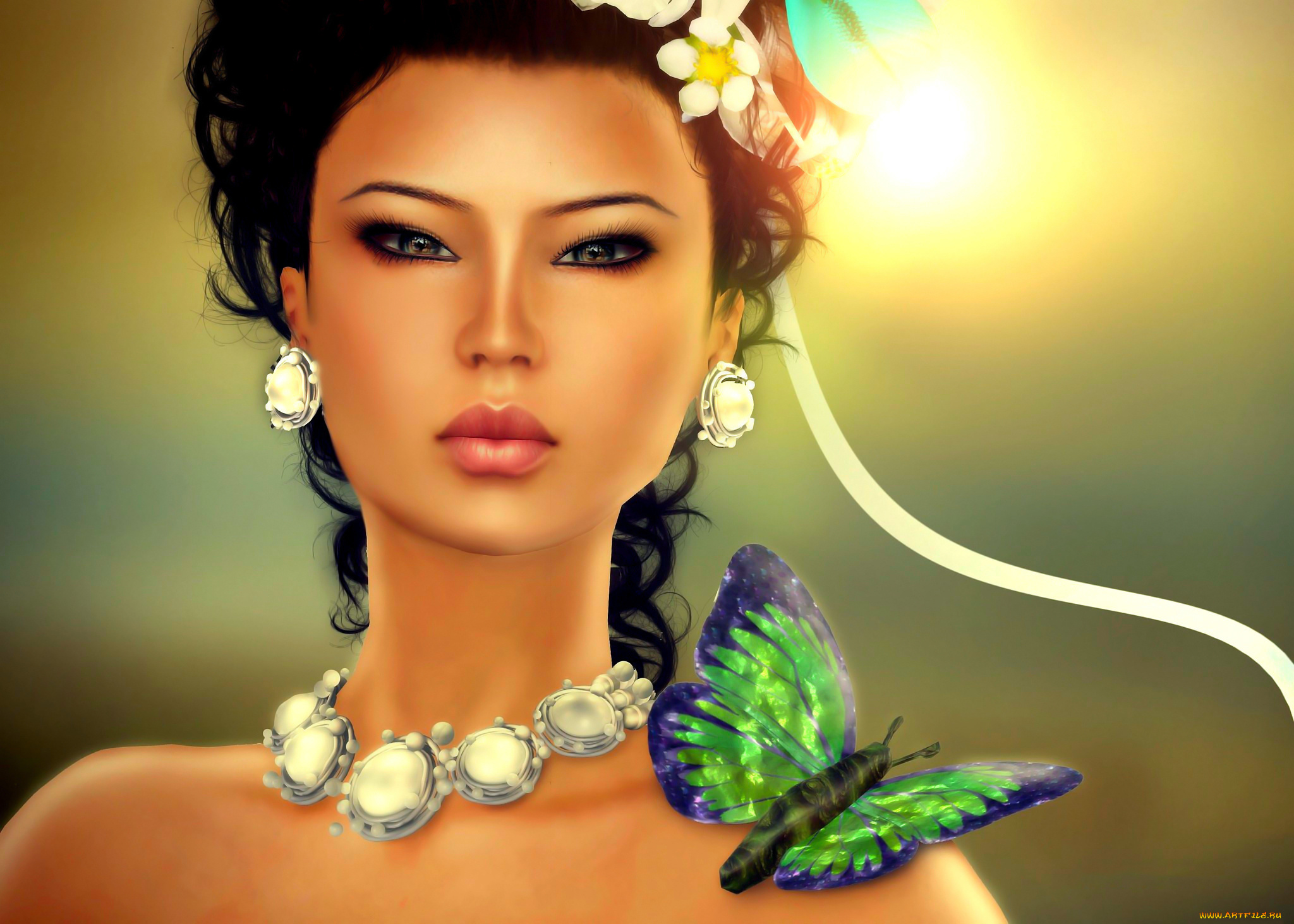 3д, графика, портрет, , portraits, девушка, лицо, взгляд, бабочка, ожерелье, лента