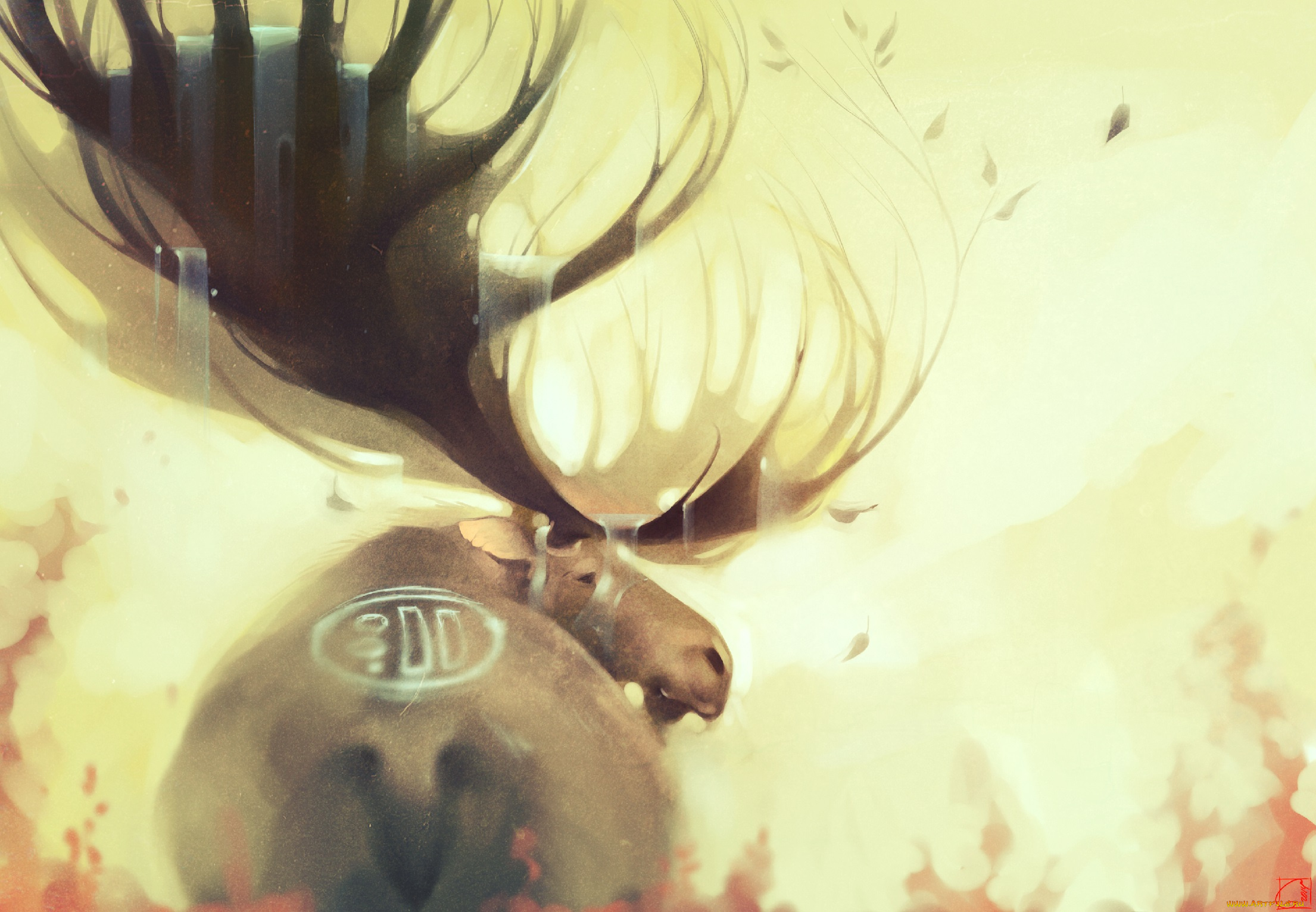 gaudibuendia, рисованное, животные, , лоси, олень, животное, рога, вода, водопады