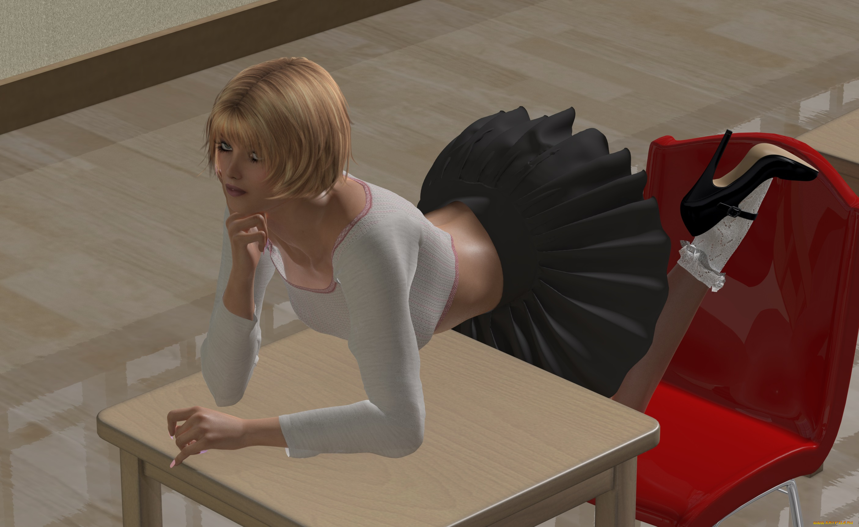 3д, графика, люди, , people, фон, взгляд, юбка, стул, стол, девушка