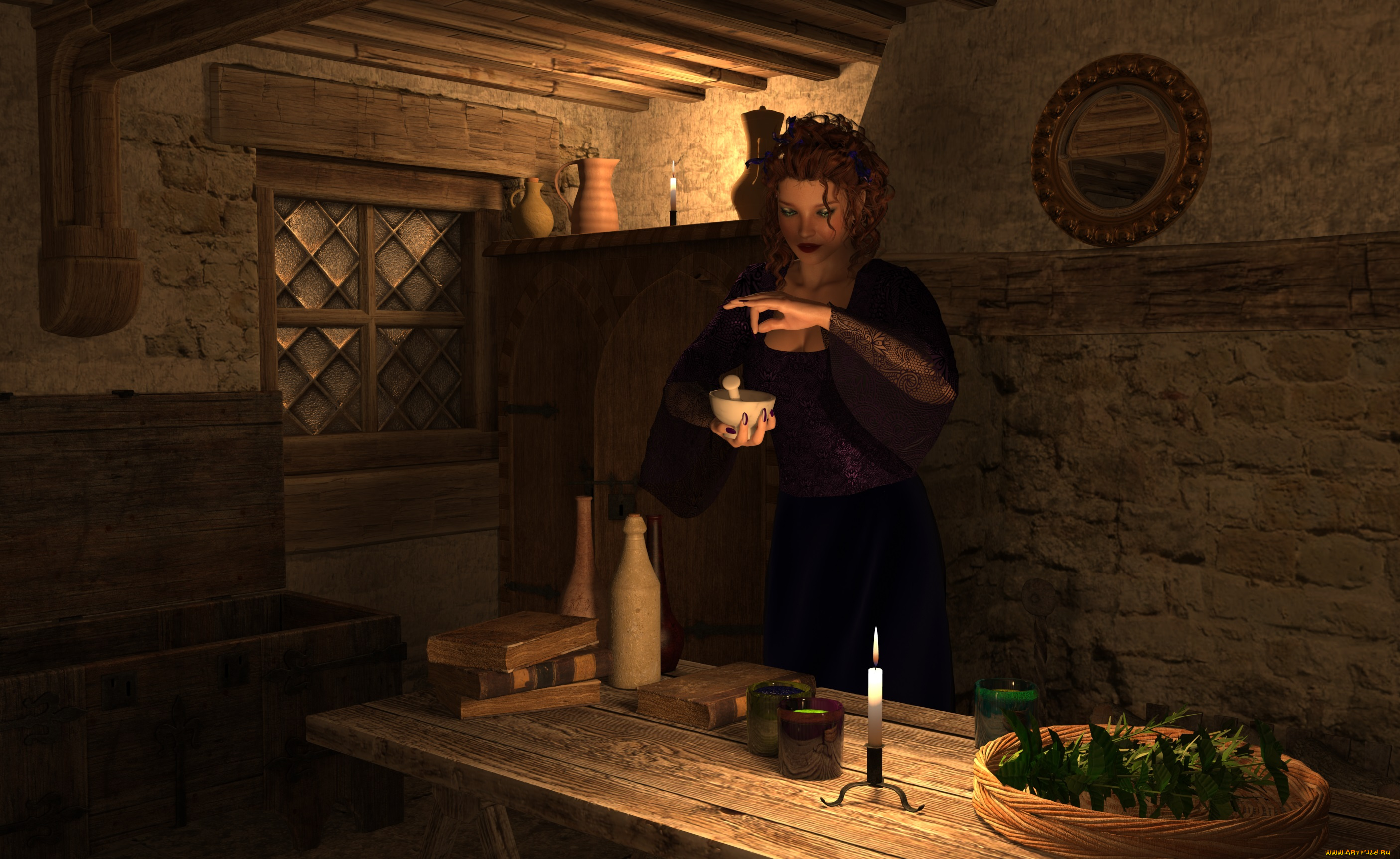 3д, графика, люди, , people, зелье, свечи, стол, взгляд, девушка, фон, комната