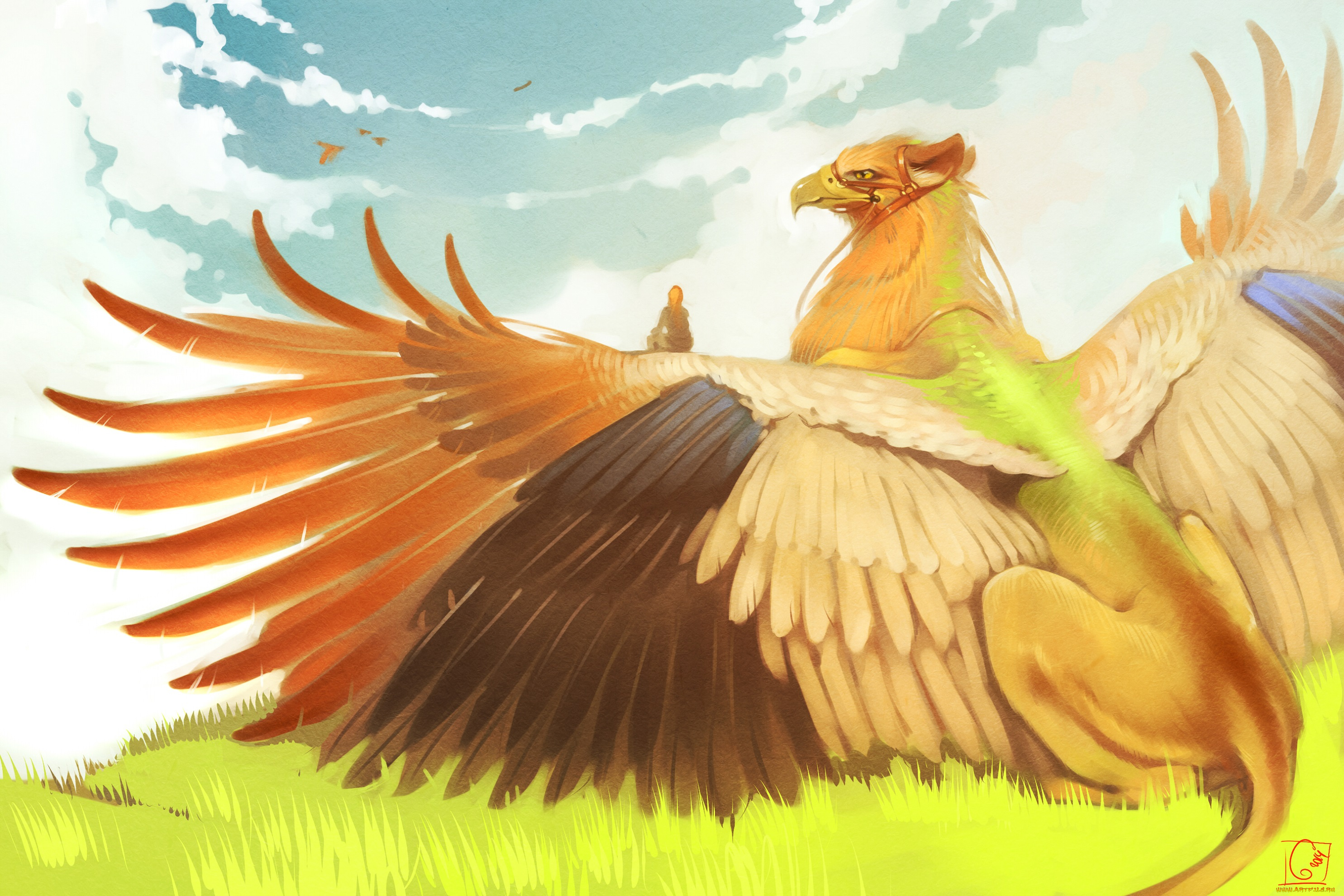 рисованное, животные, , сказочные, , мифические, крылья, зверь, сказочный, облака, небо, клюв