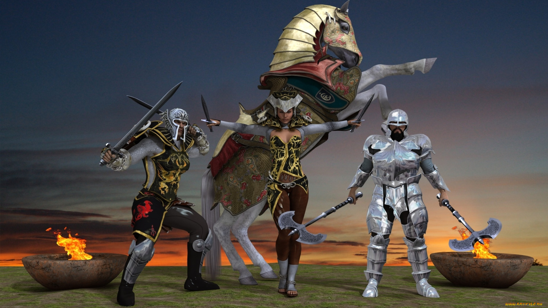 3д, графика, фантазия, , fantasy, фон, оружие, мужчины, лошадь, взгляд, девушка