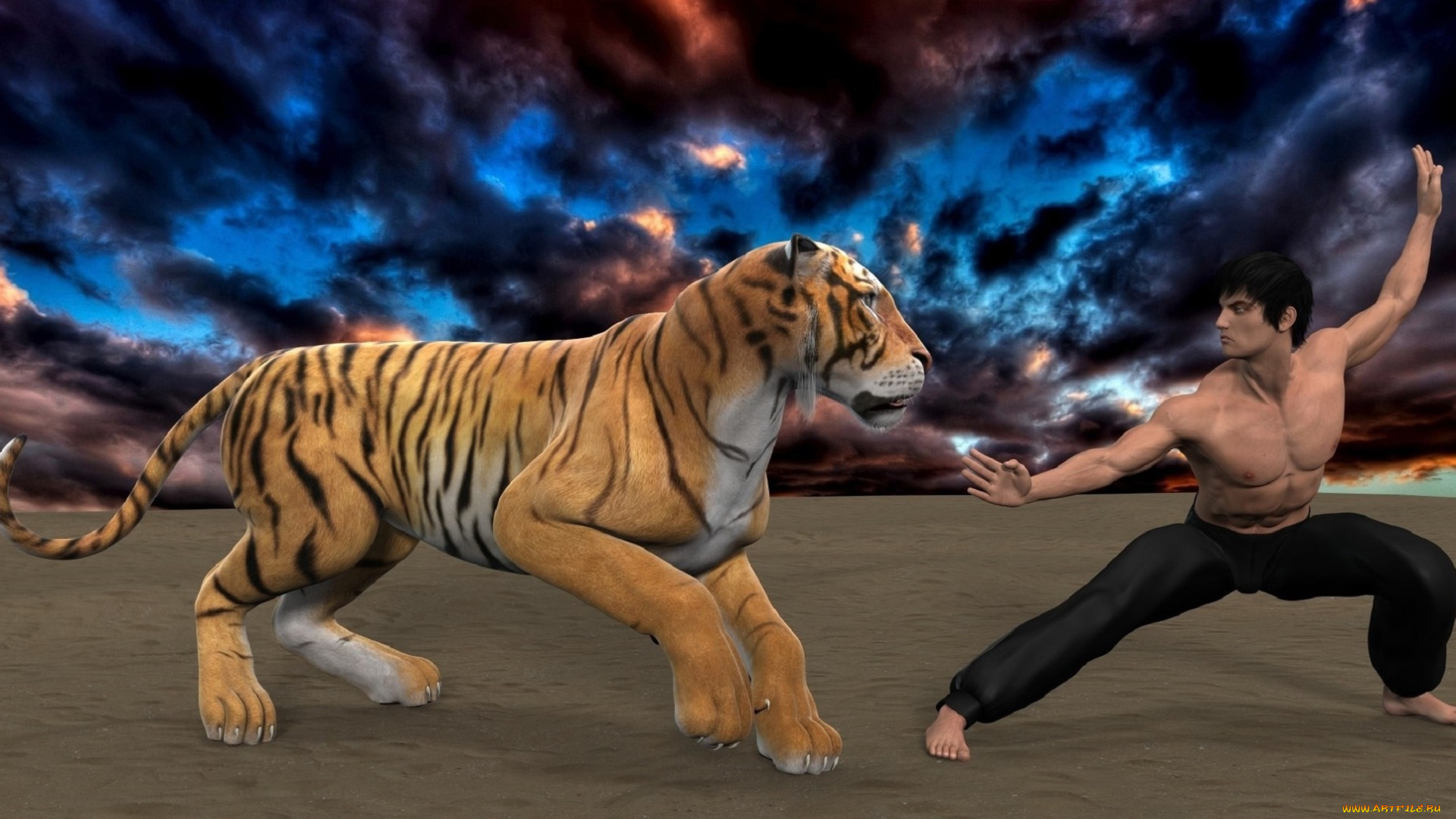 3д, графика, фантазия, , fantasy, тигр, поза, фон, взгляд, мужчина
