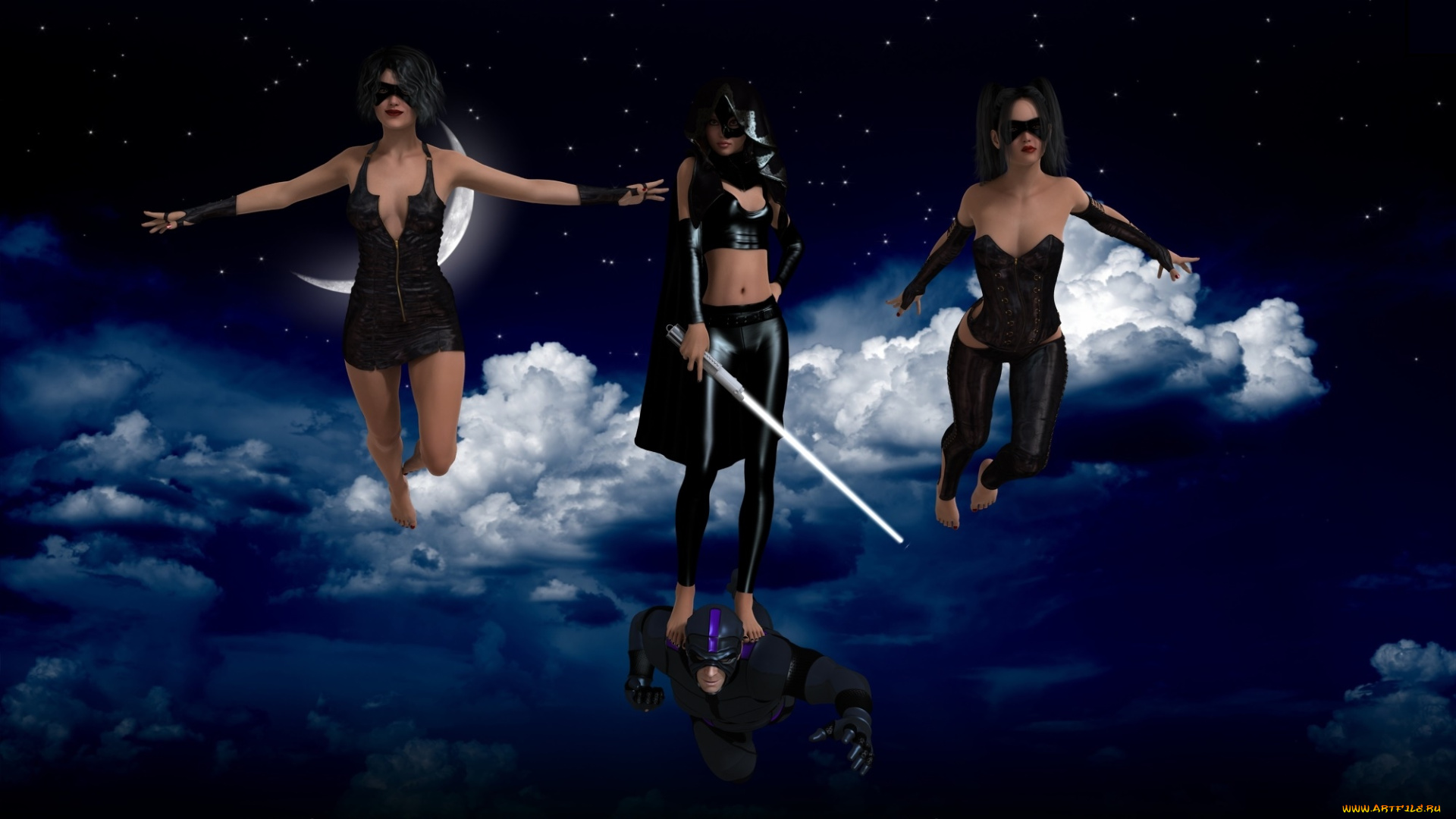 3д, графика, фантазия, , fantasy, взгляд, девушки, луна, облака, полет, супермен, оружие, фон