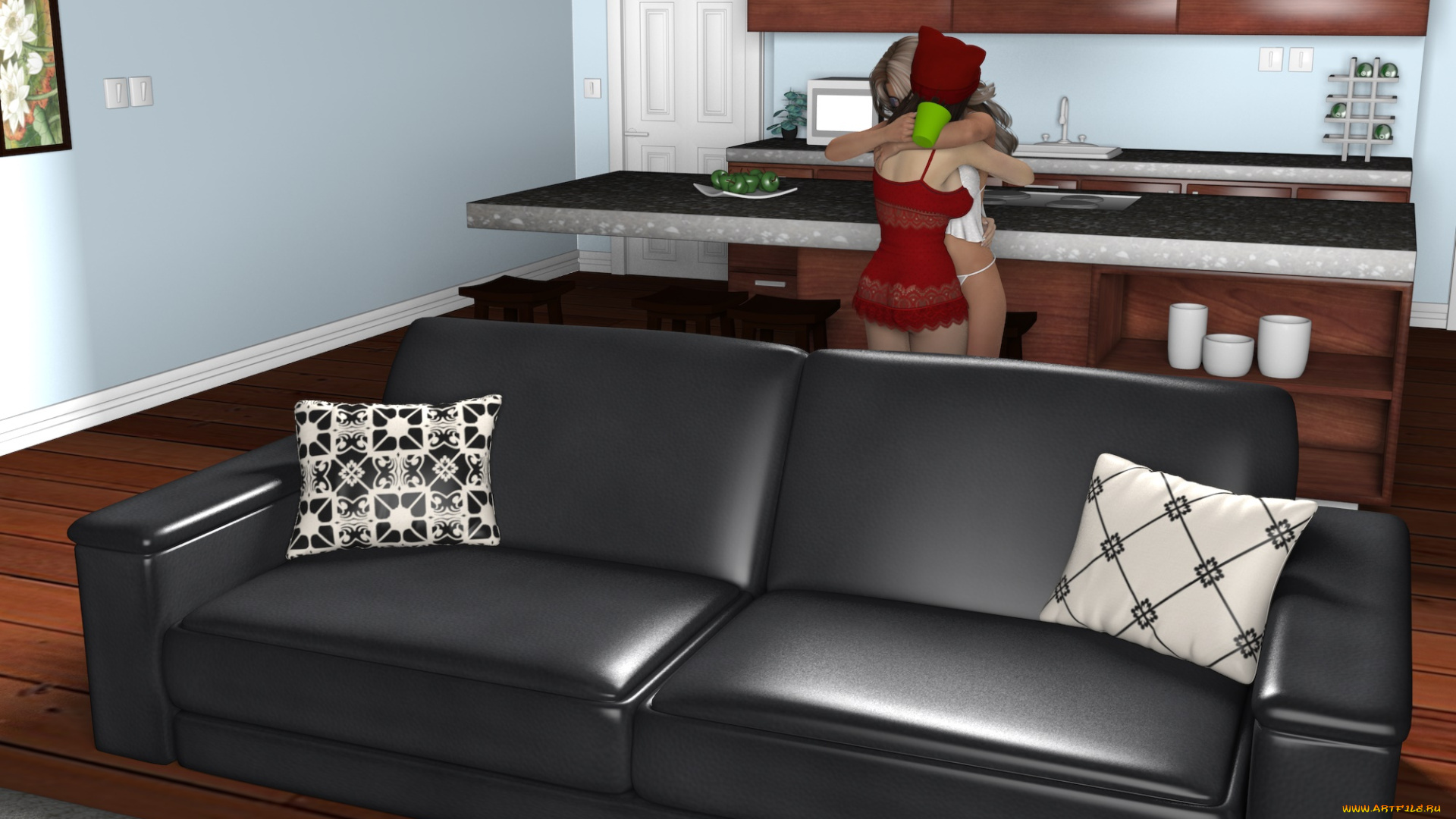 3д, графика, люди, , people, подушки, взгляд, девушки, диван, кухня, интерьер, фон
