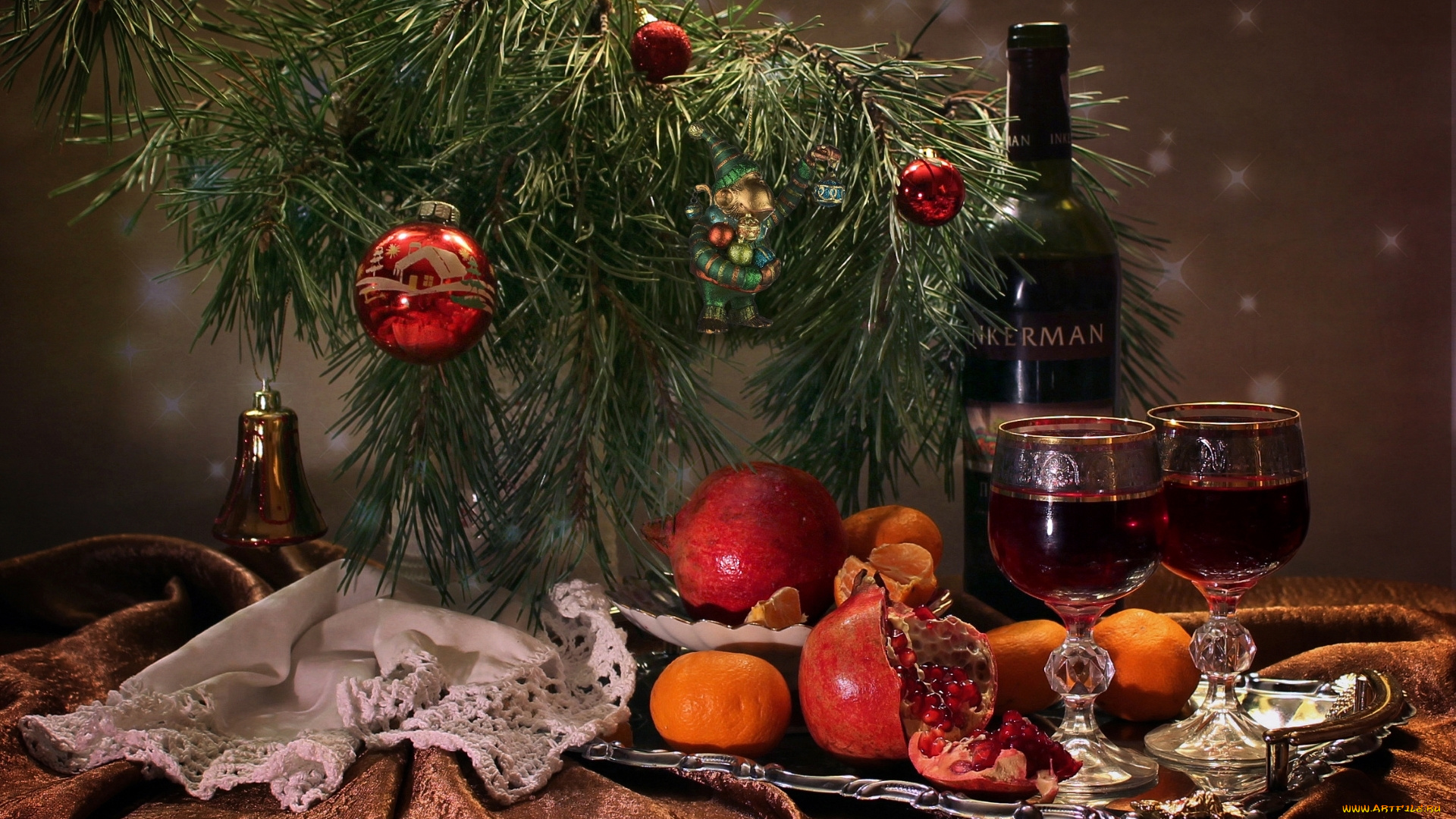 бренды, бренды, напитков, , разное, сосна, игрушки, вино, бокалы, мандарин, гранат, бутылка