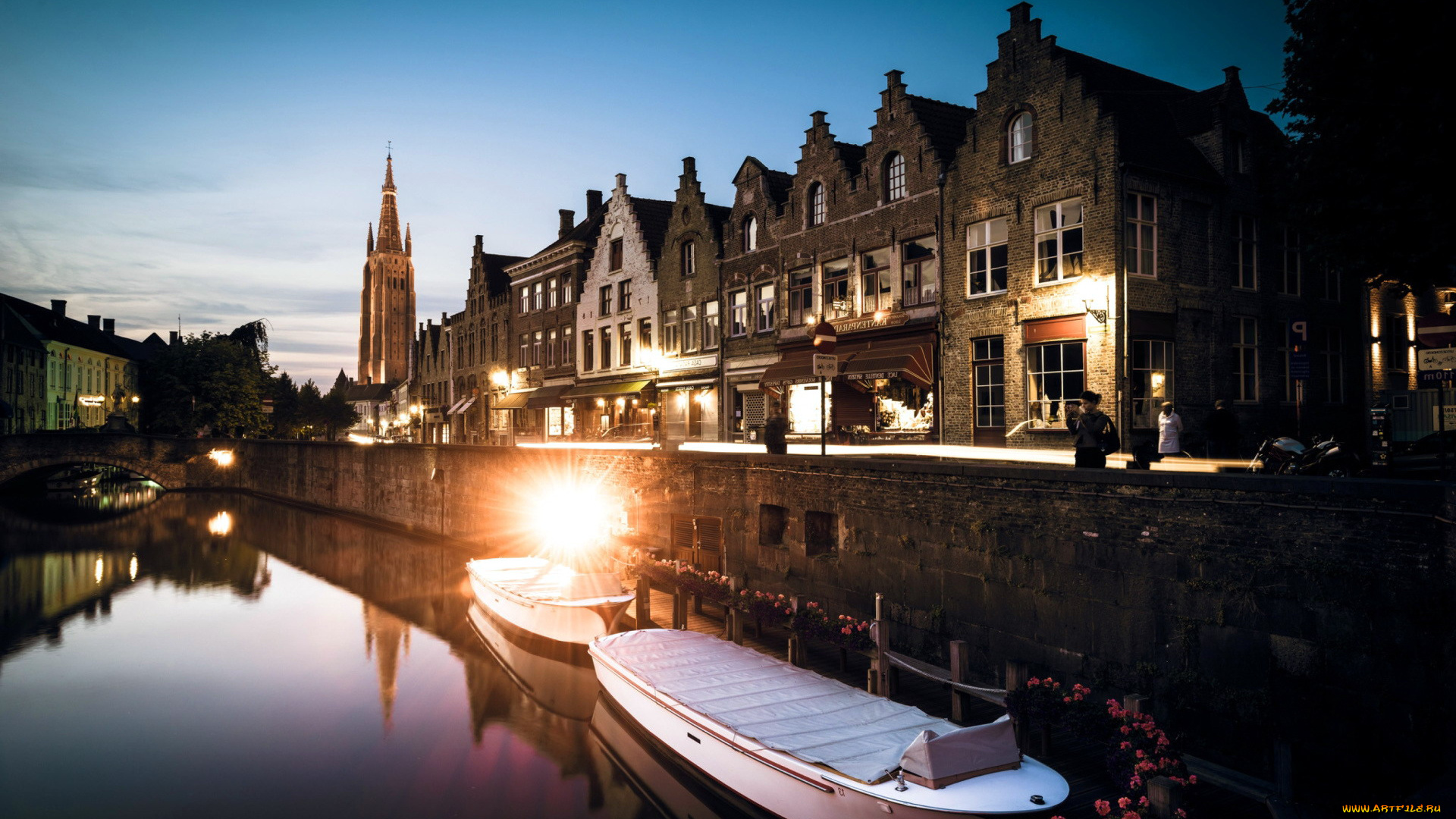 города, брюгге, , бельгия, река, мост, вечер