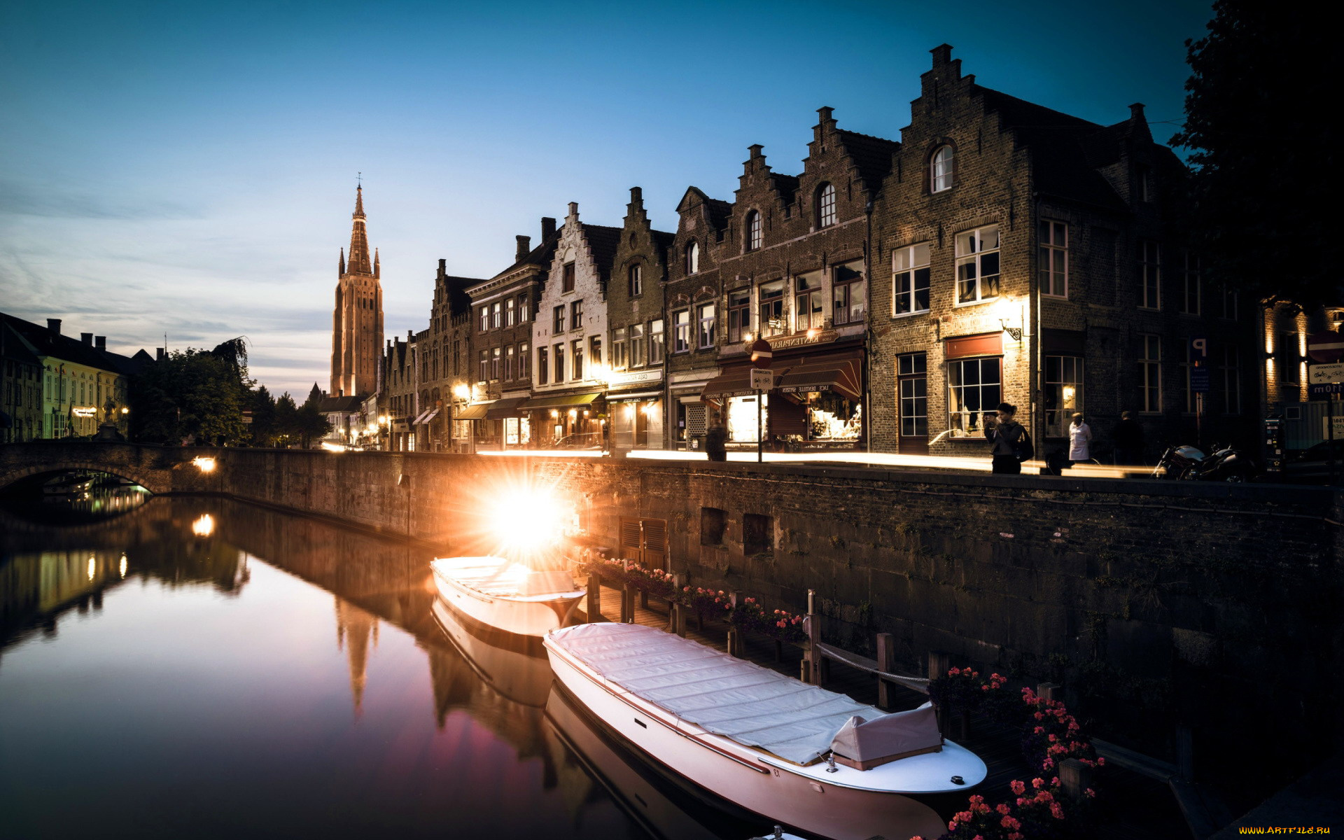 города, брюгге, , бельгия, река, мост, вечер