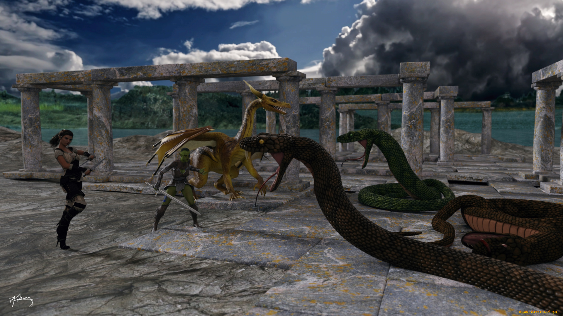 3д, графика, фантазия, , fantasy, змеи, фон, девушки, взгляд