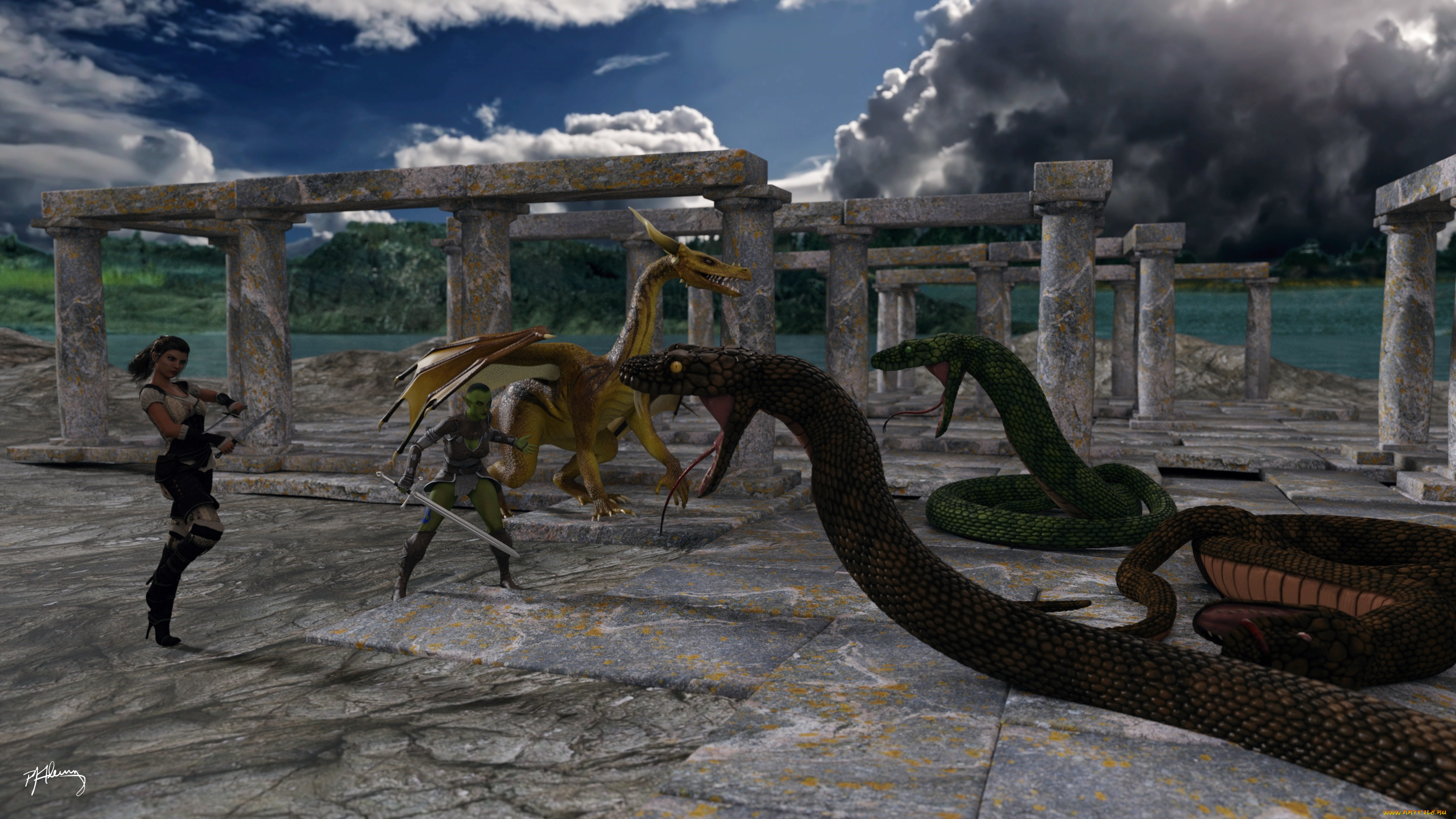 3д, графика, фантазия, , fantasy, змеи, фон, девушки, взгляд