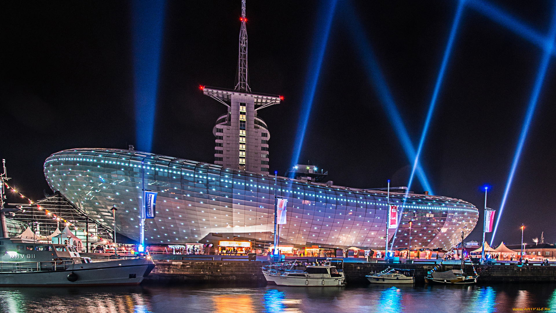 bremerhaven, города, -, огни, ночного, города, простор