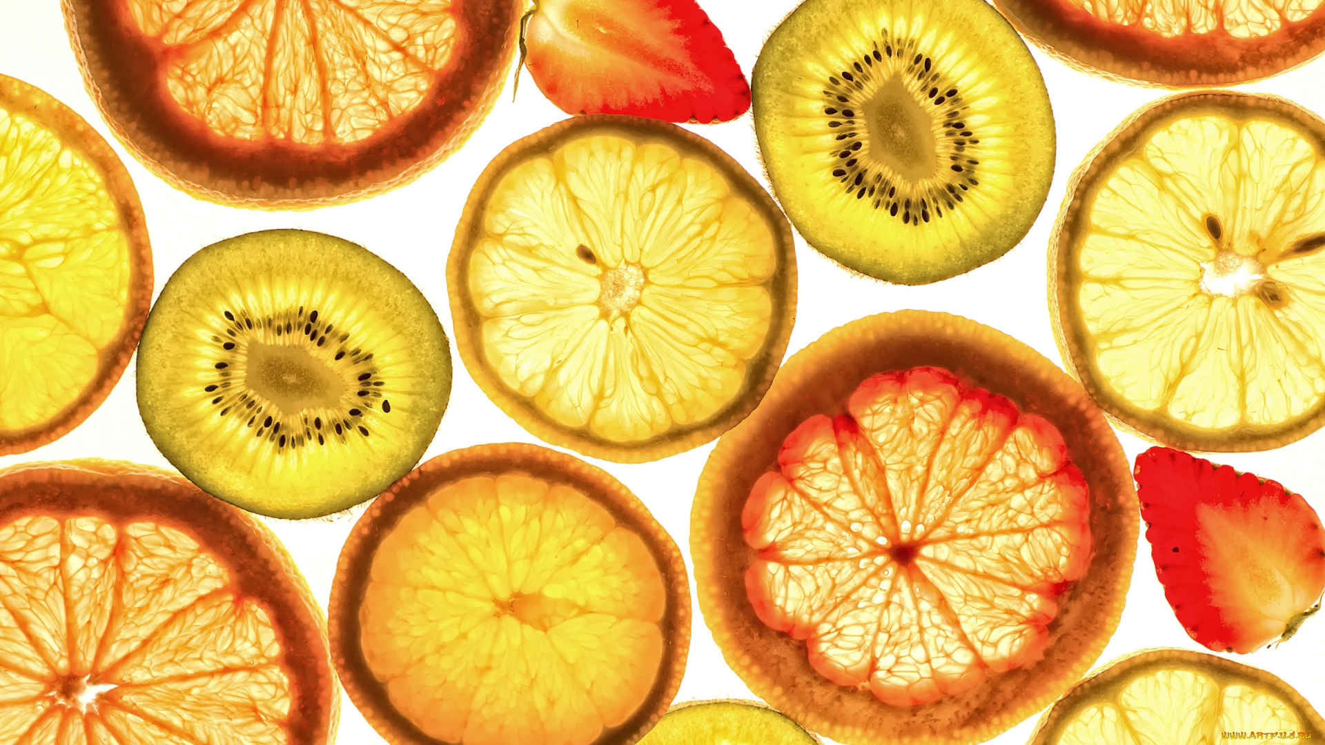 еда, фрукты, , ягоды, клубника, апельсин, киви, лимон, макро, дольки