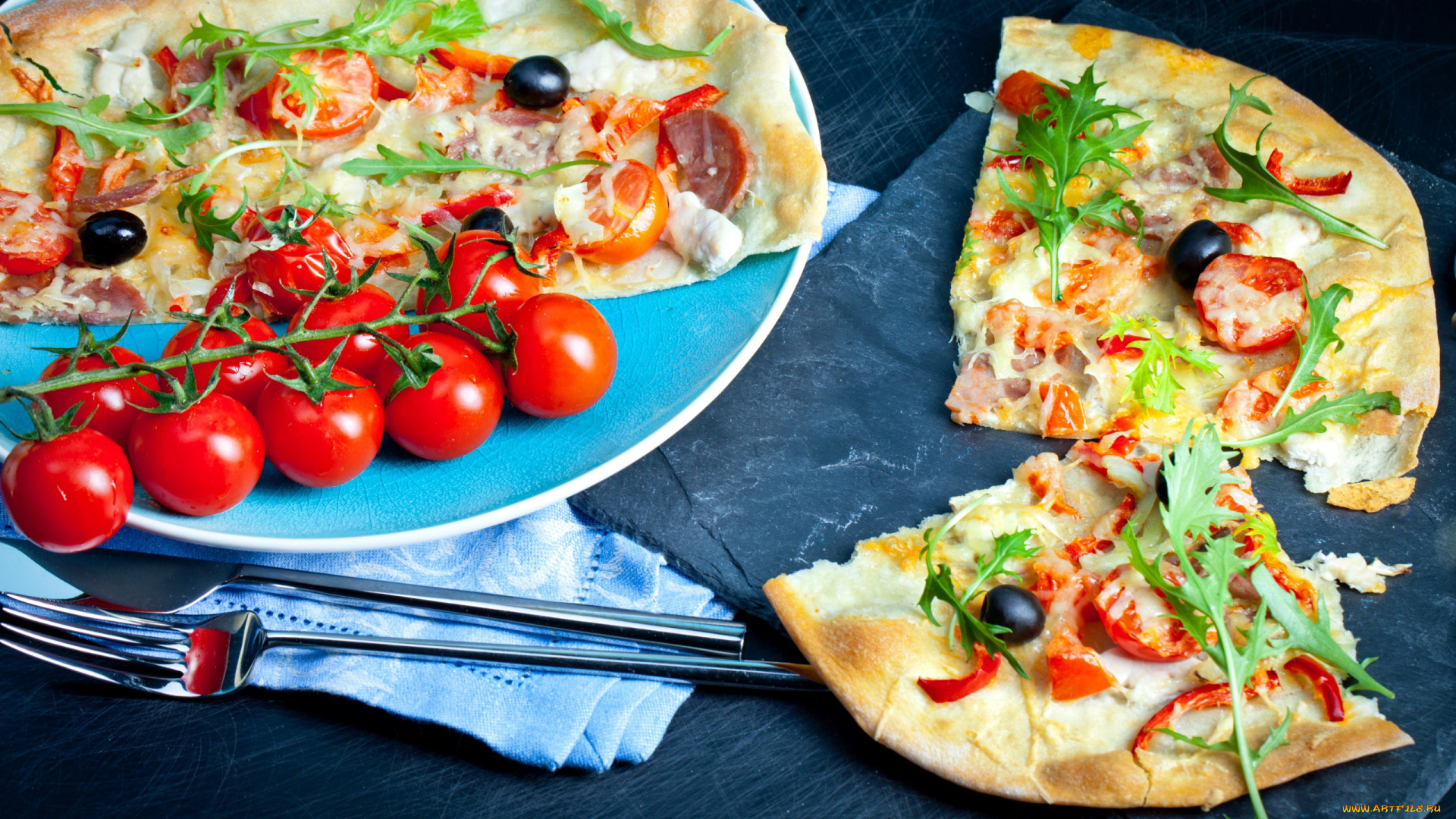 еда, пицца, маслины, помидоры, томаты