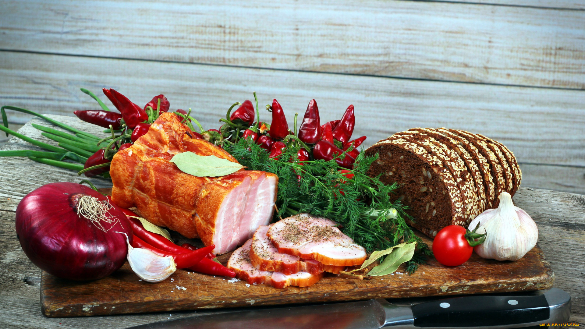 еда, разное, помидор, перец, укроп, чеснок, хлеб, ветчина