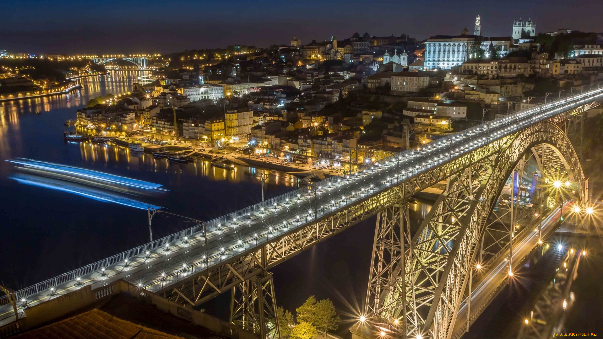 города, -, мосты, порто, понте, луис, i, португалия, река, дору, крыши, огни, ночь
