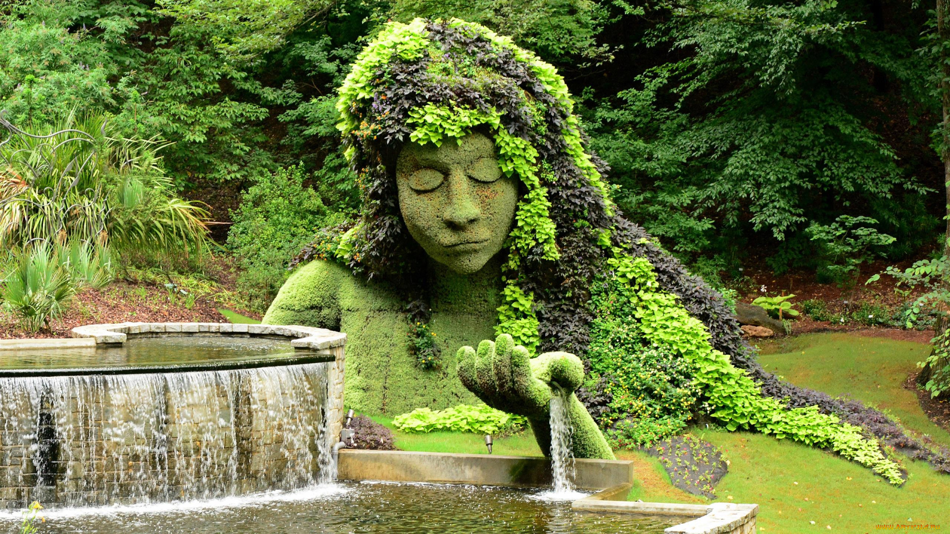 природа, парк, фонтан, цветочная, композиция