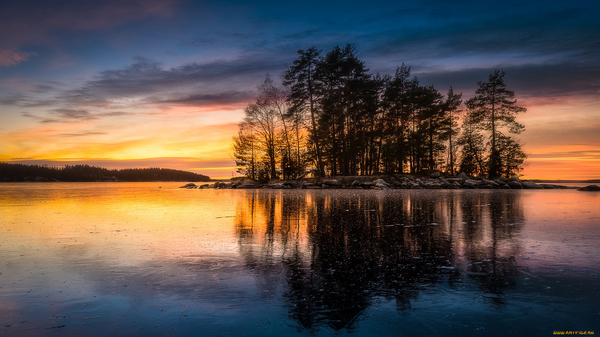 природа, восходы, закаты, деревья, отражение