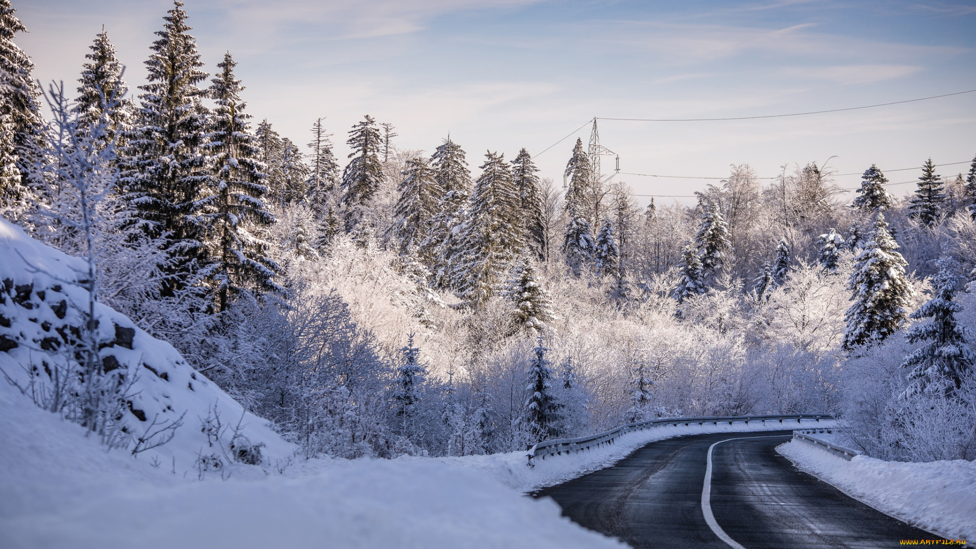 природа, зима, лес, дорога, деревья