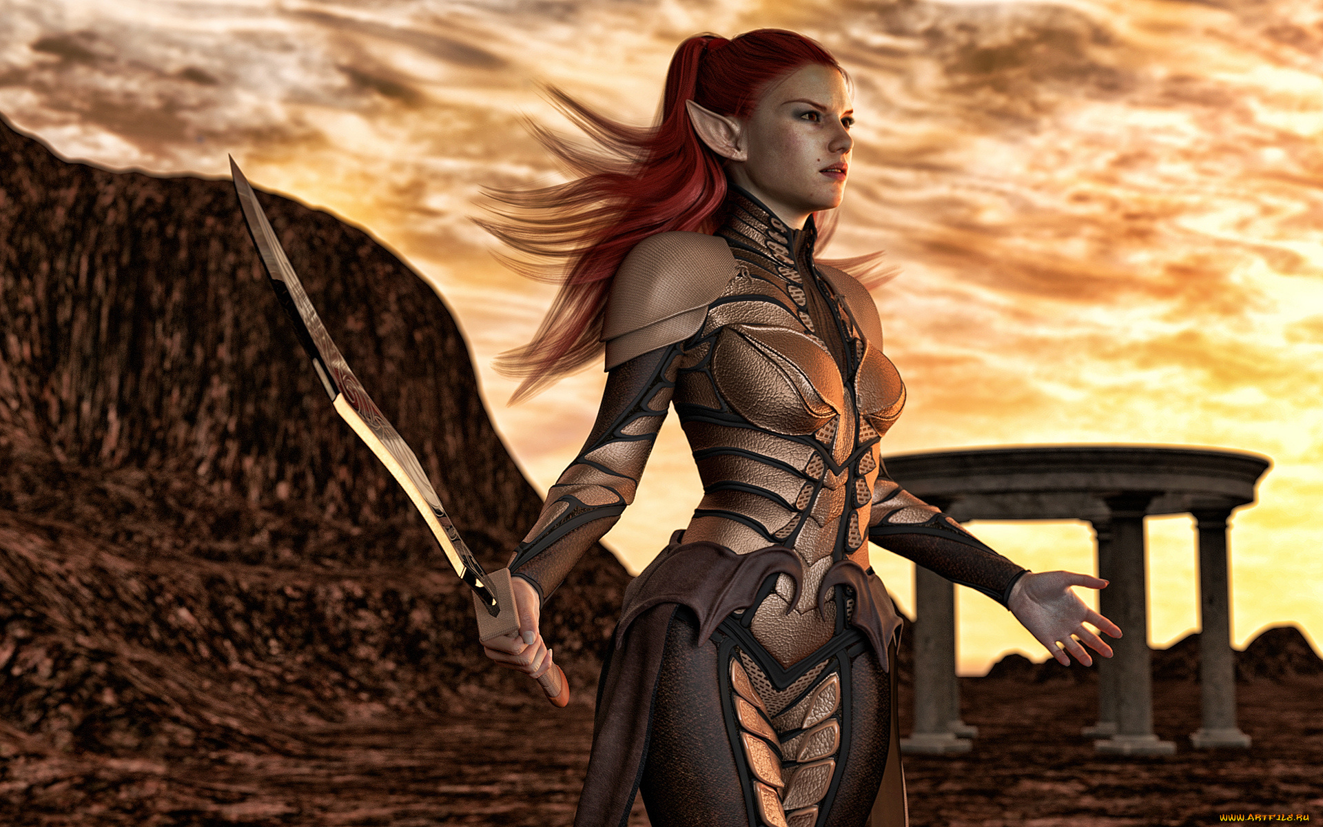 3д, графика, эльфы, , elves, фон, взгляд, эльфийка