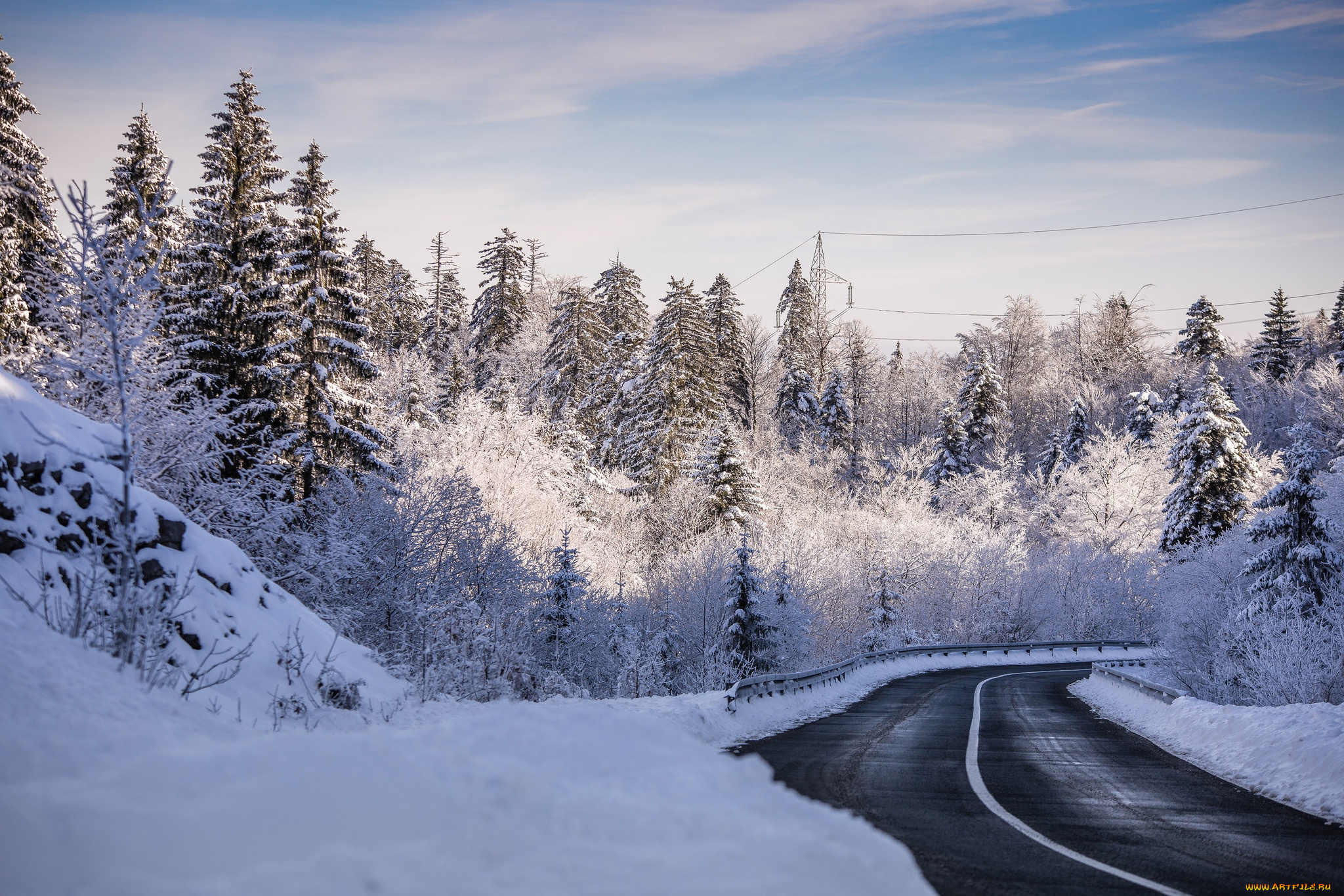 природа, зима, лес, дорога, деревья