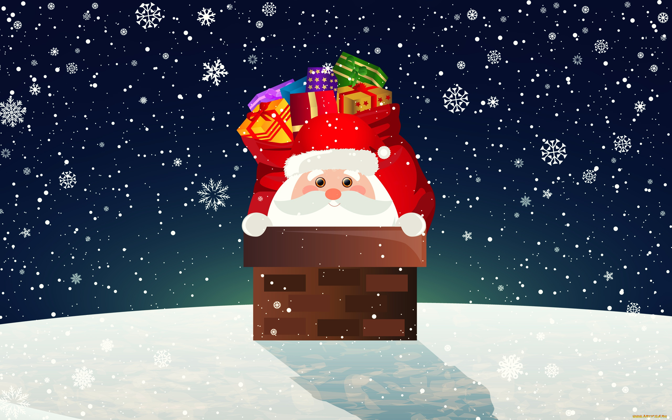 праздничные, векторная, графика, , новый, год, снег, дымоход, новый, год, крыша, подарки, санта-клаус, зима, санта, мешок, труба, снежинки, клаус, фон, праздник, минимализм, рождество