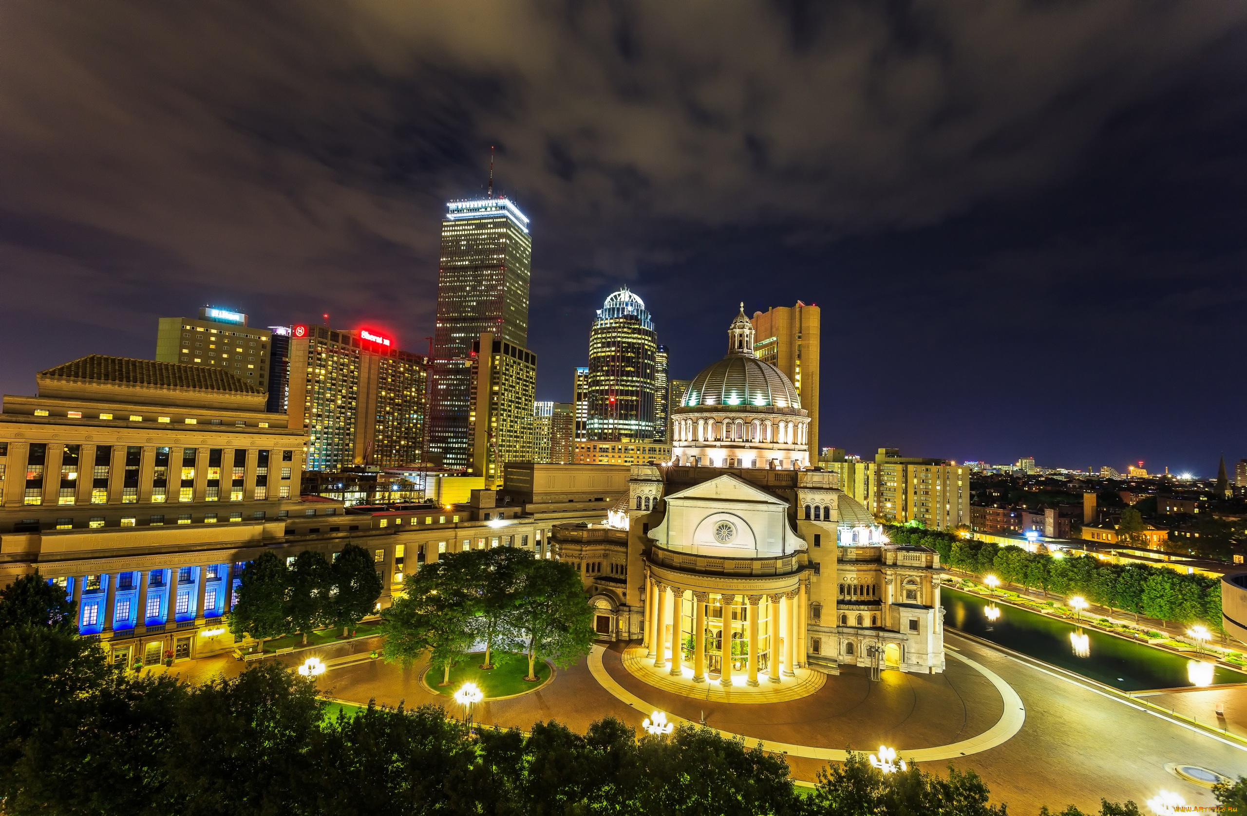 города, бостон, , сша, огни, вечер