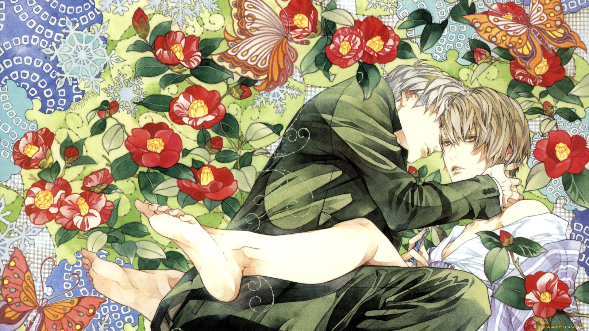 аниме, unknown, , другое, , парни, цветы, бабочки