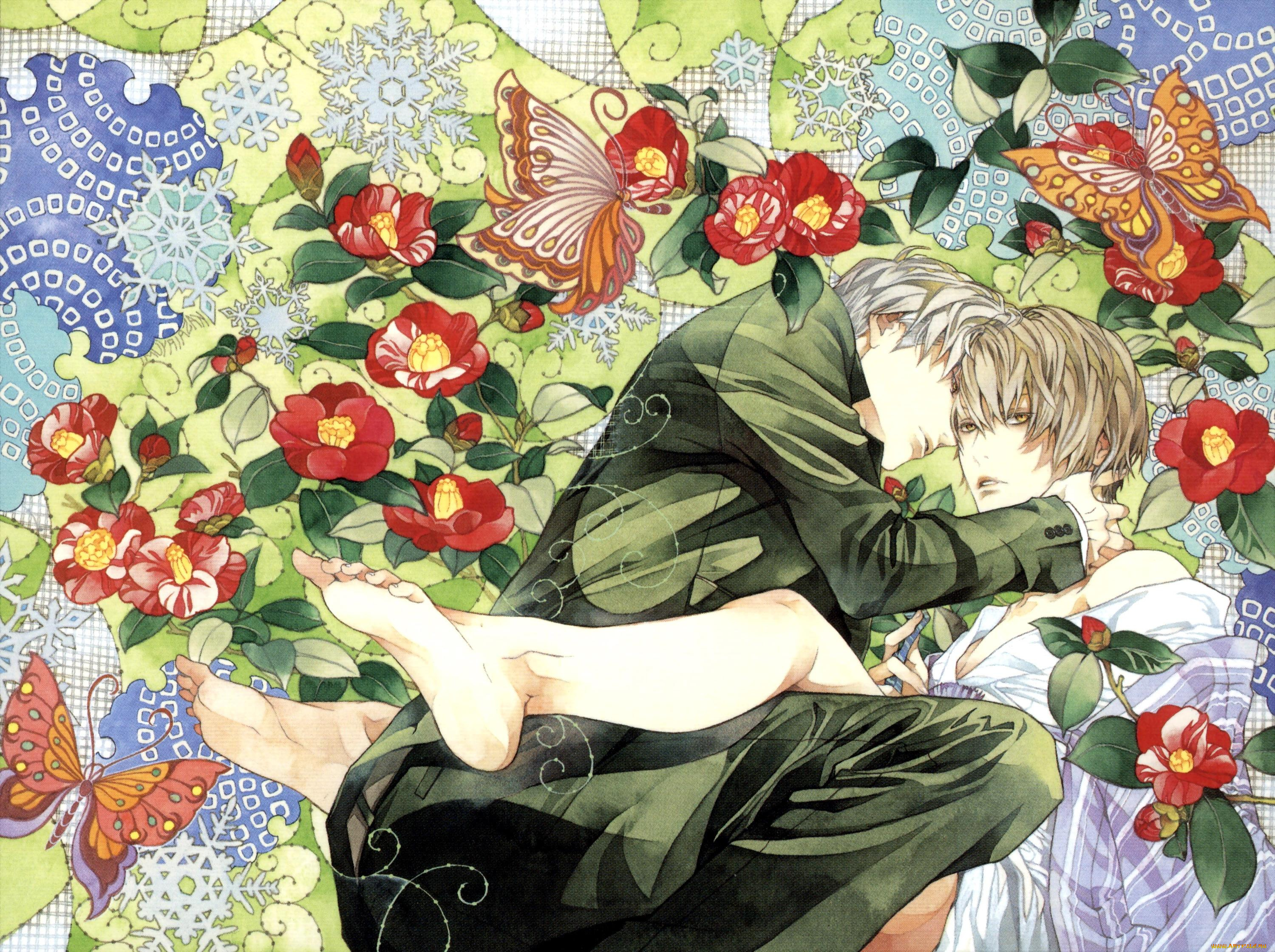 аниме, unknown, , другое, , парни, цветы, бабочки