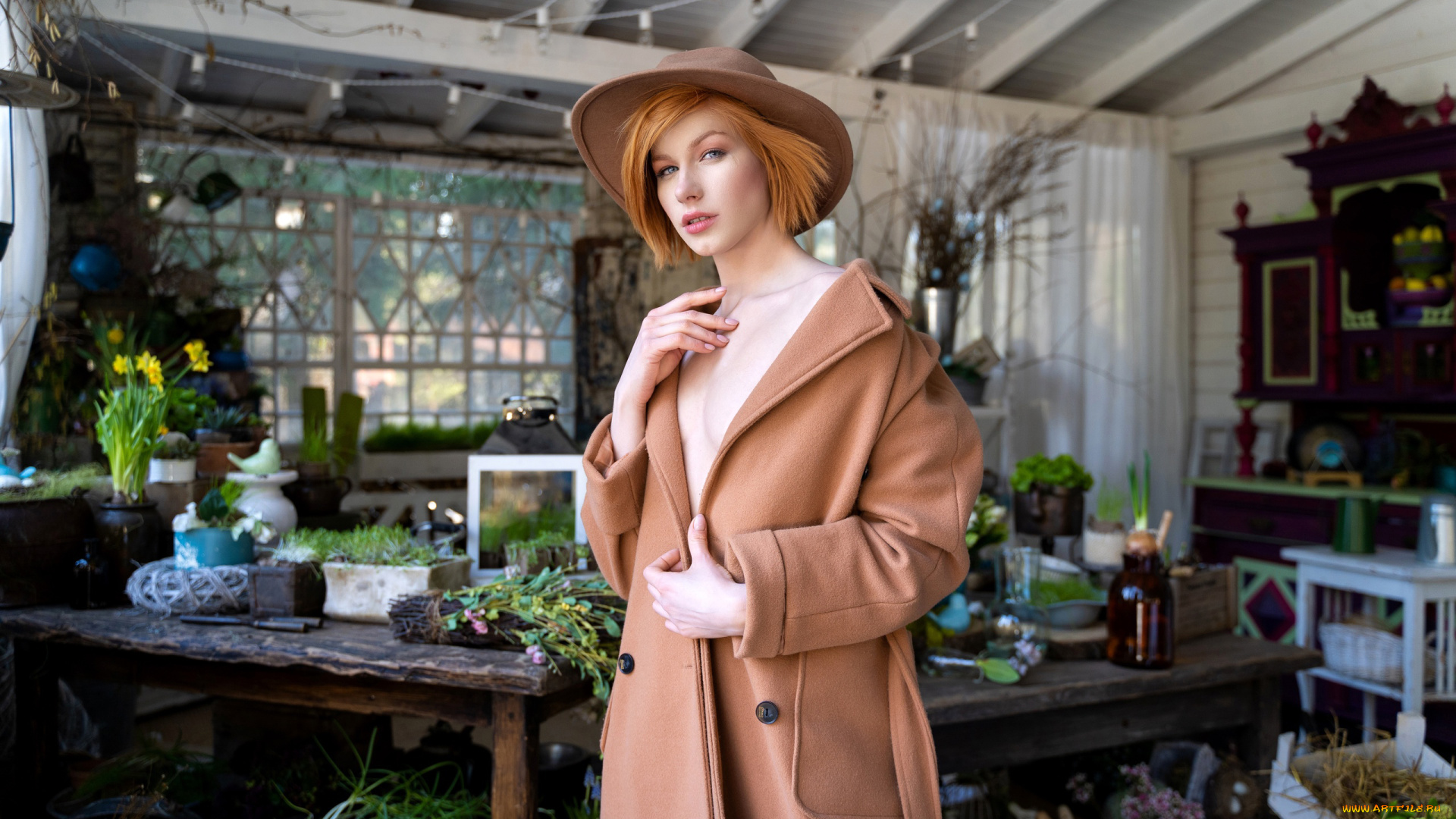 anastasia, zhilina, девушки, анастасия, жилина, anastasia, zhilina, пальто, шляпа, цветы, анастасия, жилина, девушка, модель, рыжеволосая, красотка, поза, флирт, стройная, сексуальная, фигура