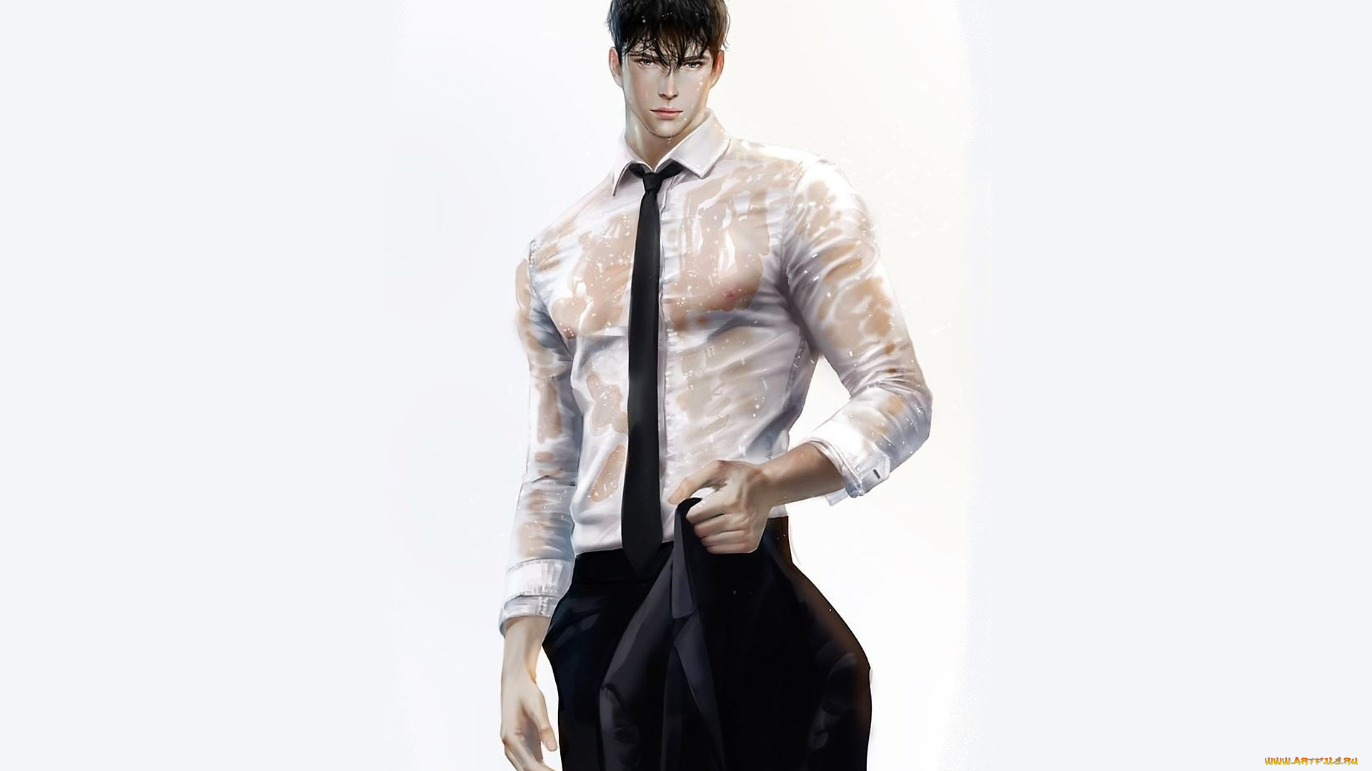 рисованное, люди, парень, костюм, мокрый