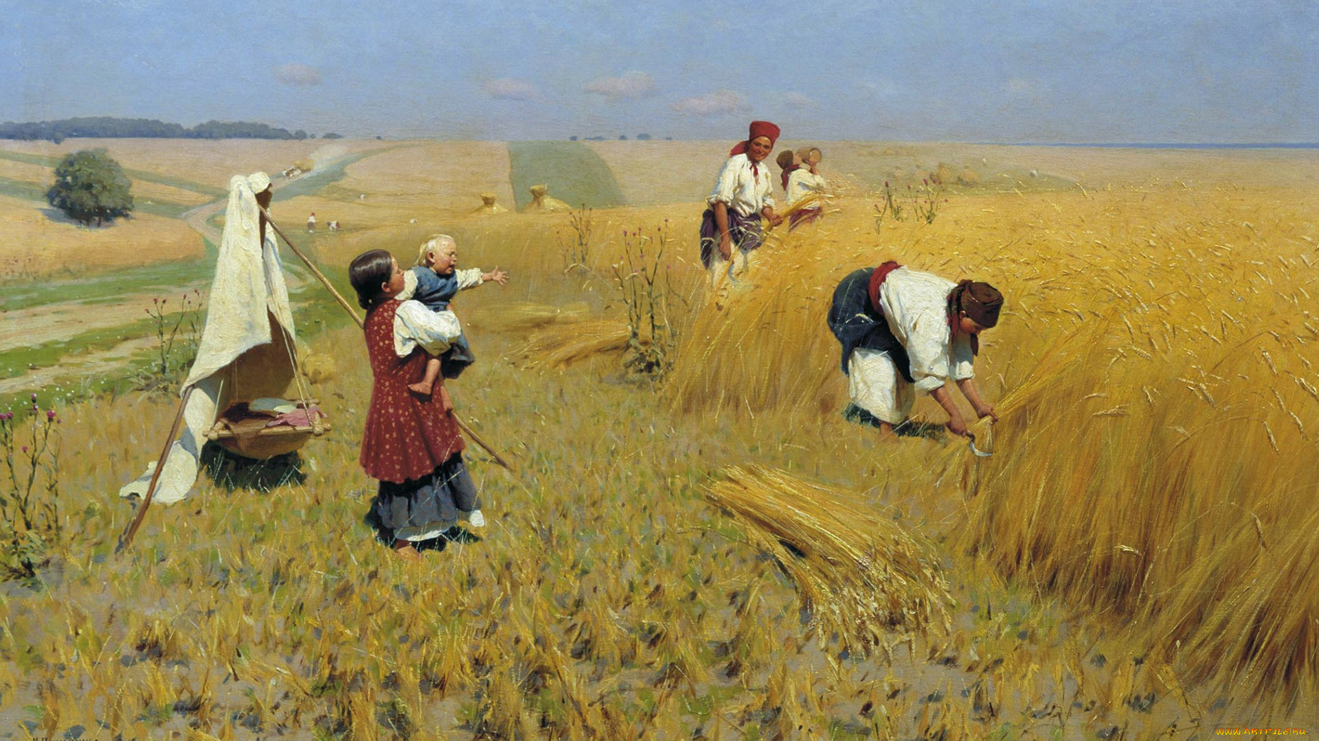рисованное, николай, пимоненко, жатва, поле, женщины, дети